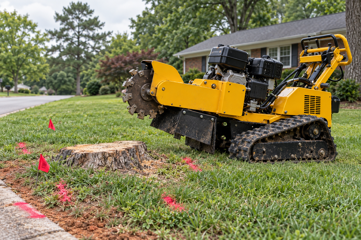 tracked stump grinder parked on a Lewisville lawn beside painted locate marks