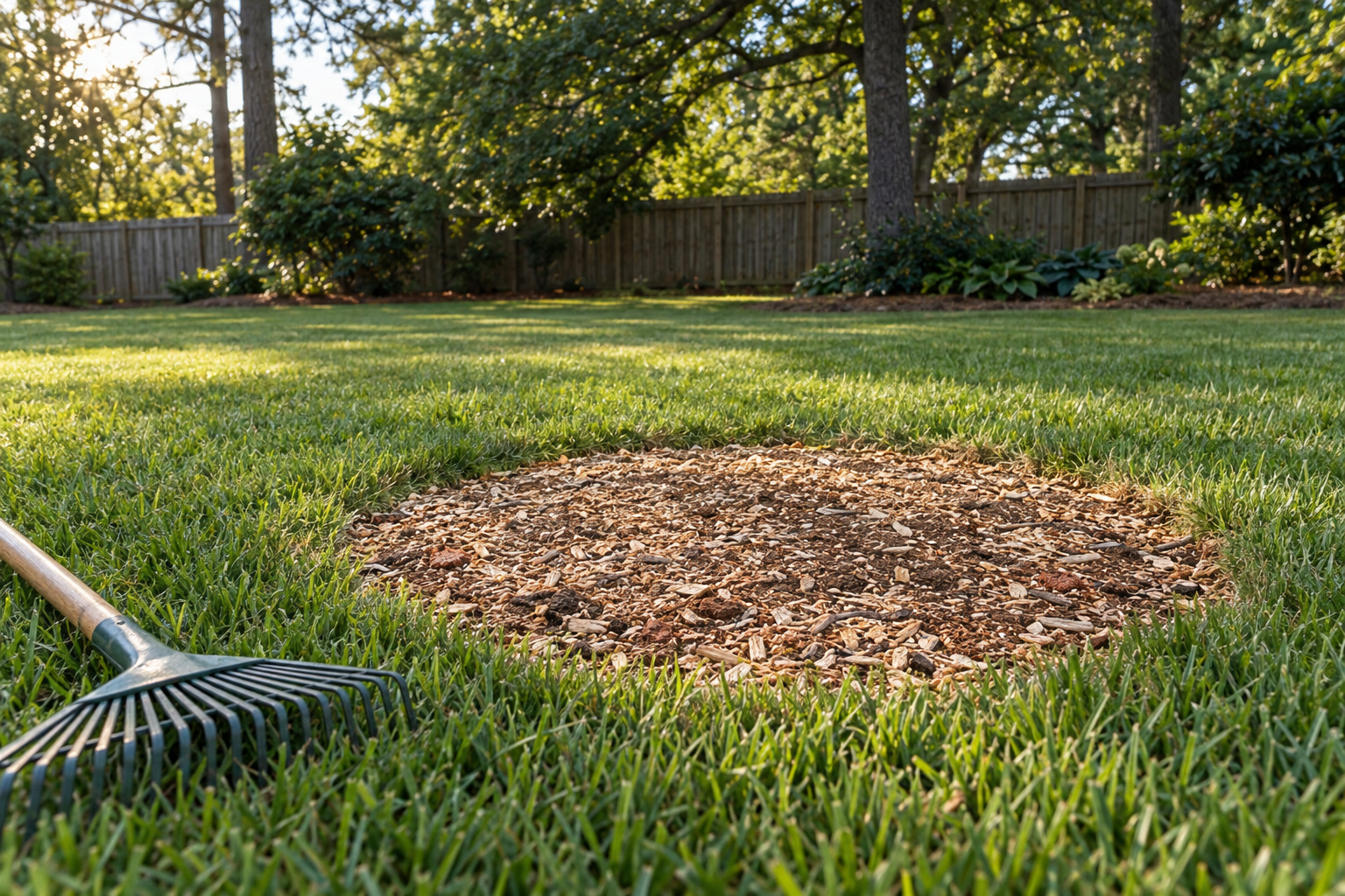 raked circle of chips in a Lewisville lawn after the grinding visit