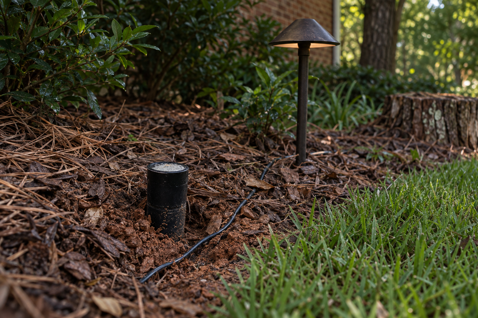 sprinkler head and landscape lighting cable beside a stump in a Lewisville bed