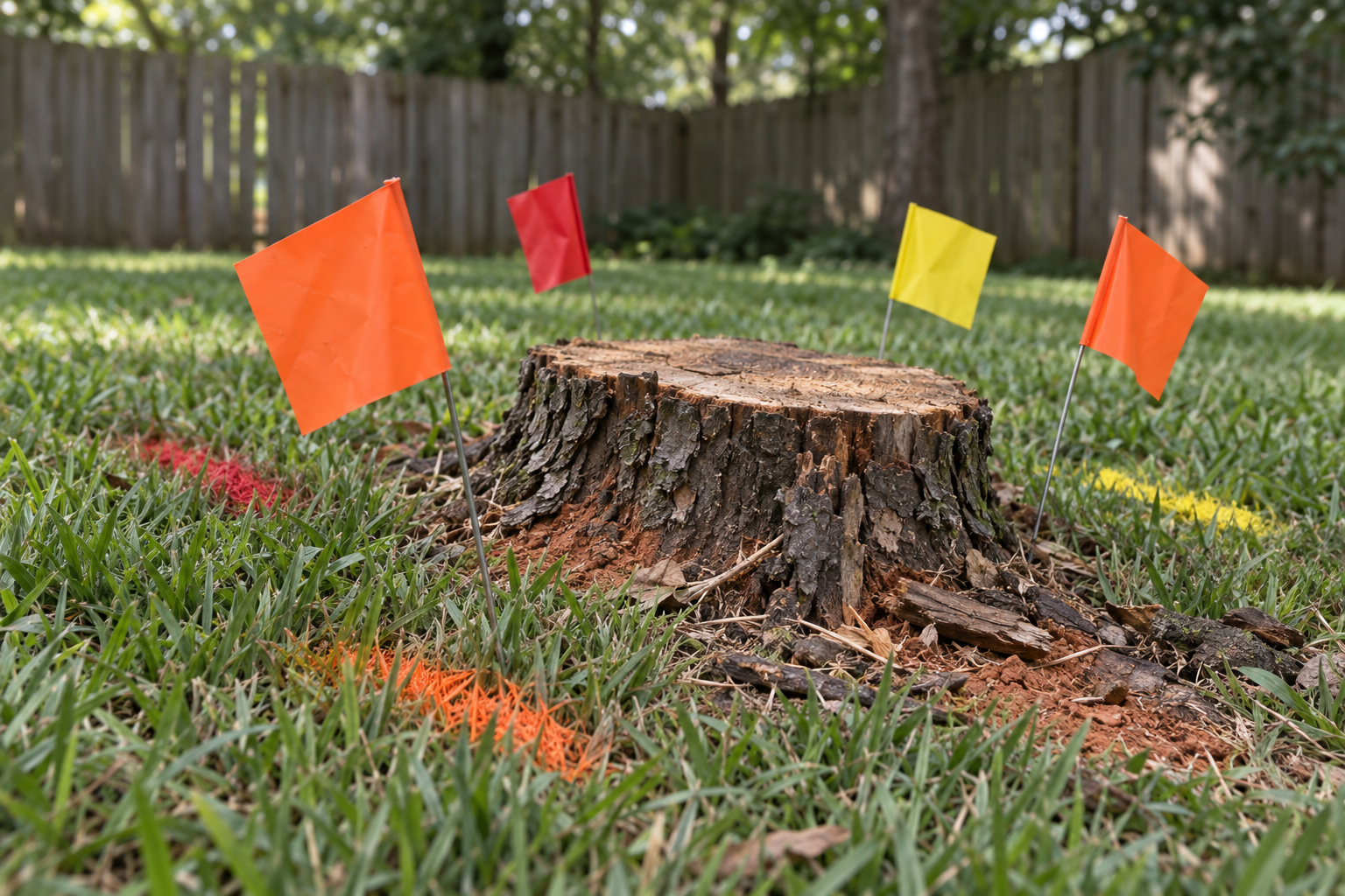 coloured marking flags in turf beside a tree stump