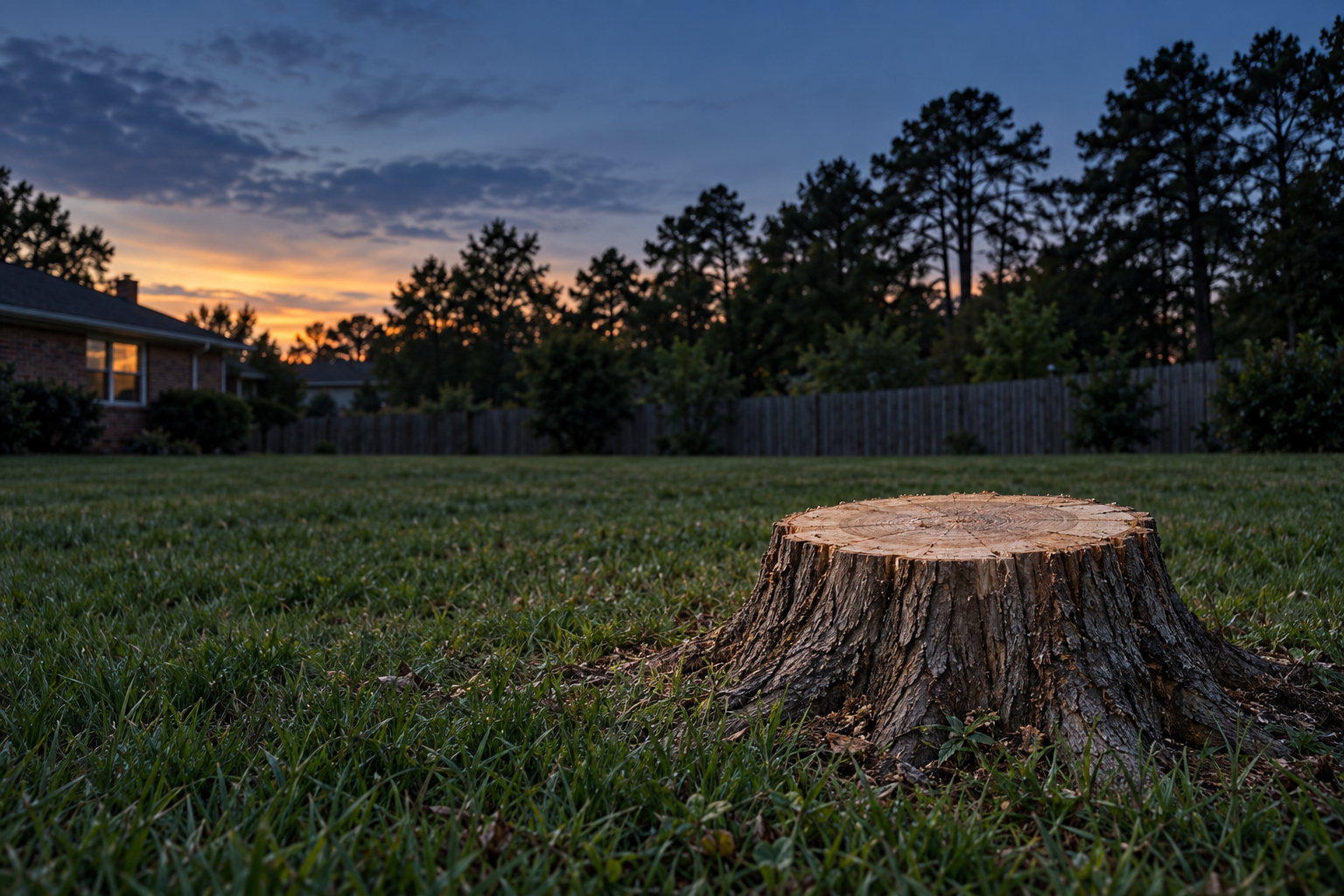 fresh cut tree stump standing in a Lewisville back lawn at dusk