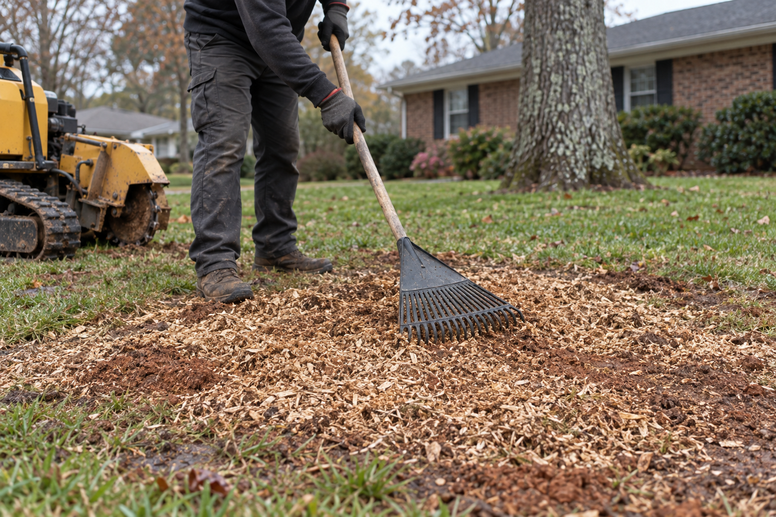 raking wood chips level after stump grinding in a Lewisville lawn