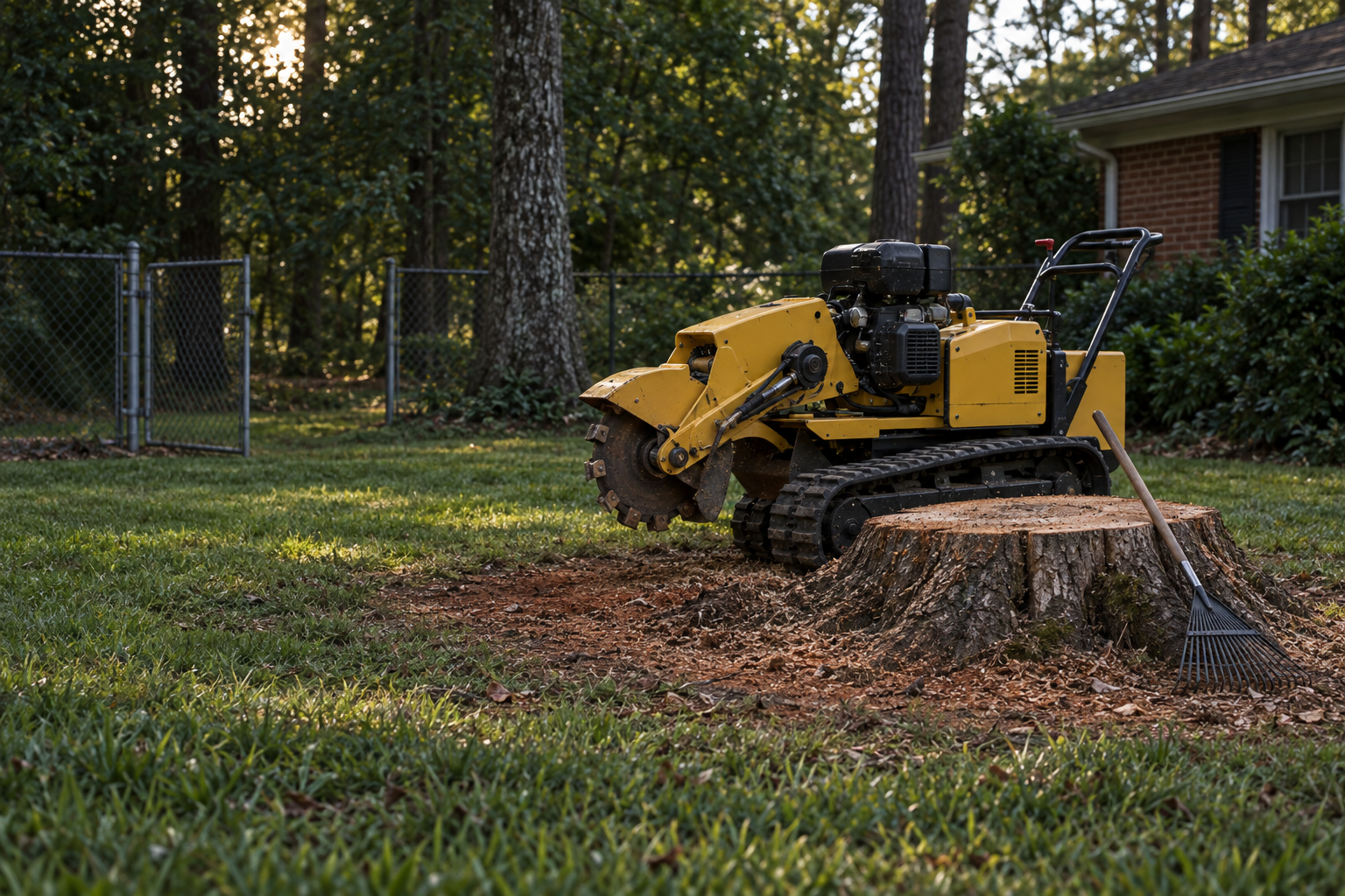 compact tracked stump grinder parked beside a cut stump in a Lewisville side yard