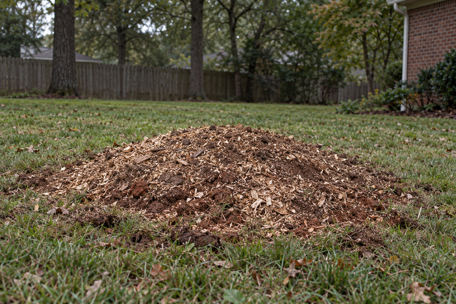 mound of wood chips where a stump was ground in a Lewisville lawn