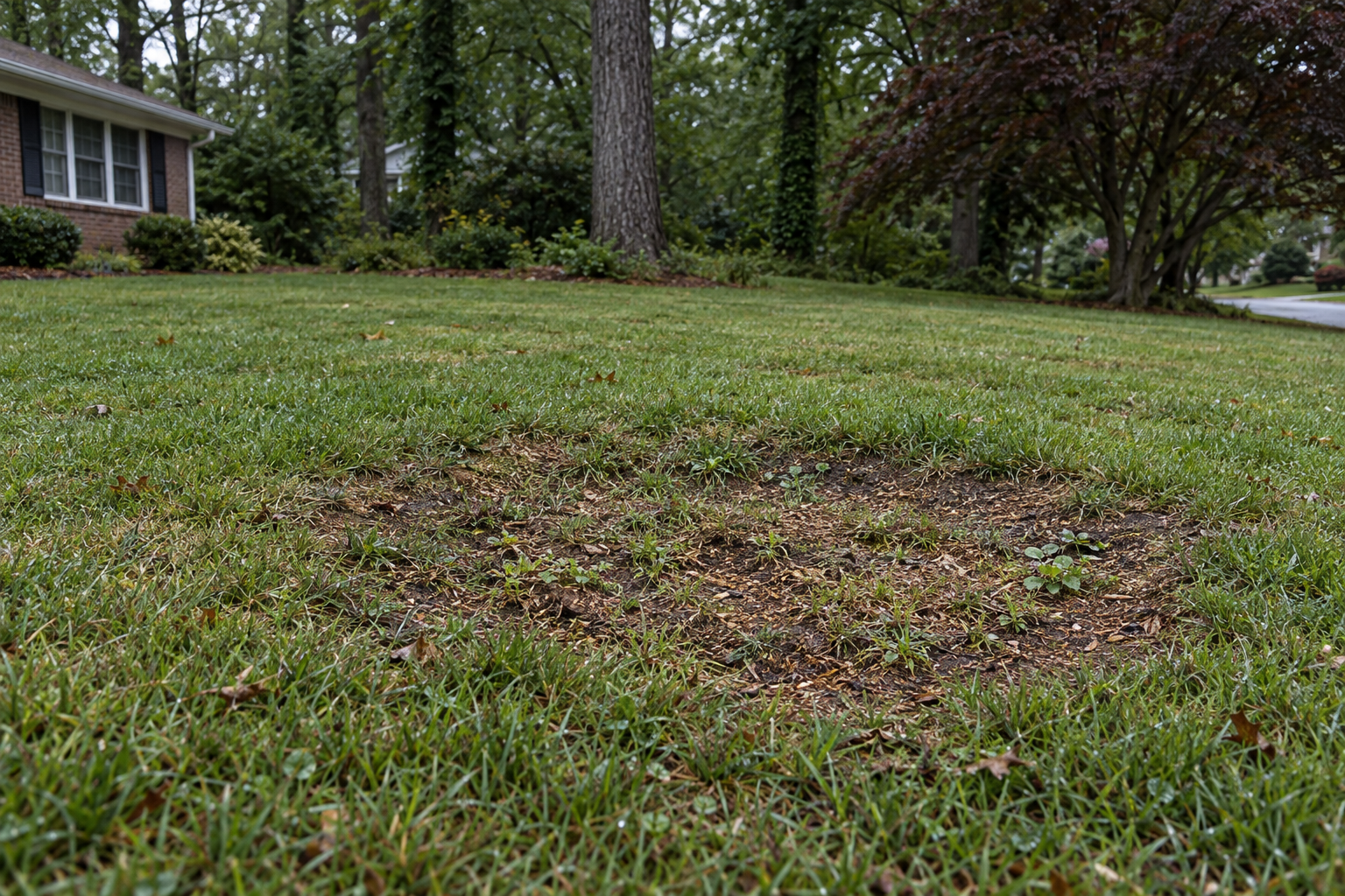 settled spot in a lawn a few weeks after grinding