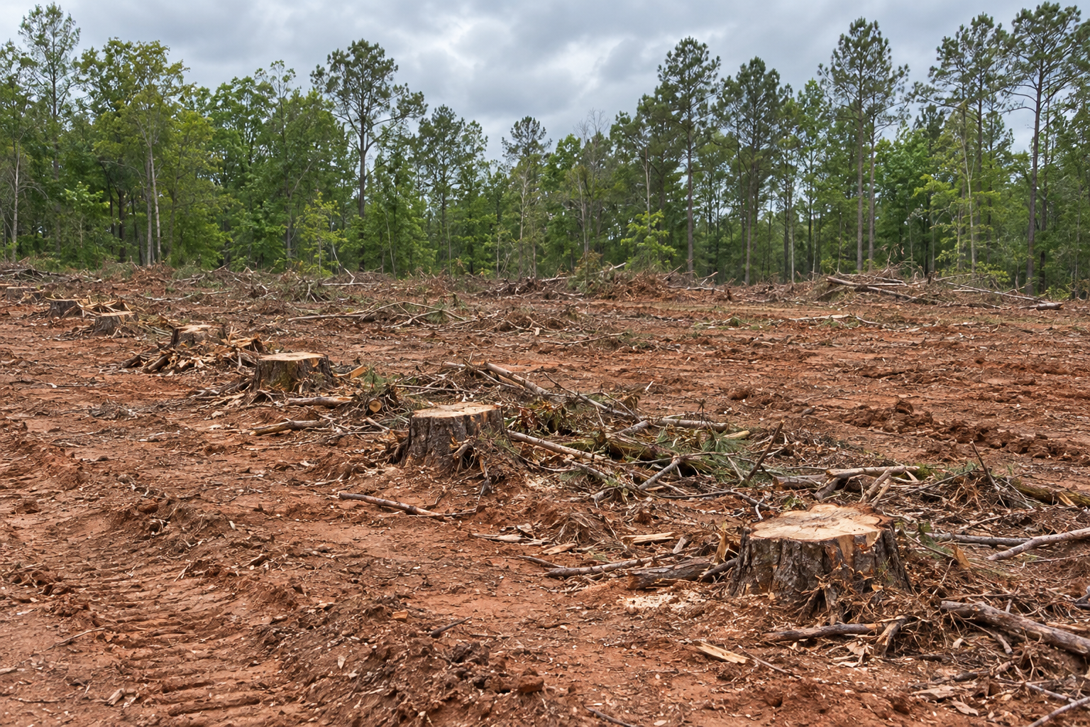 row of cut tree stumps on a cleared lot