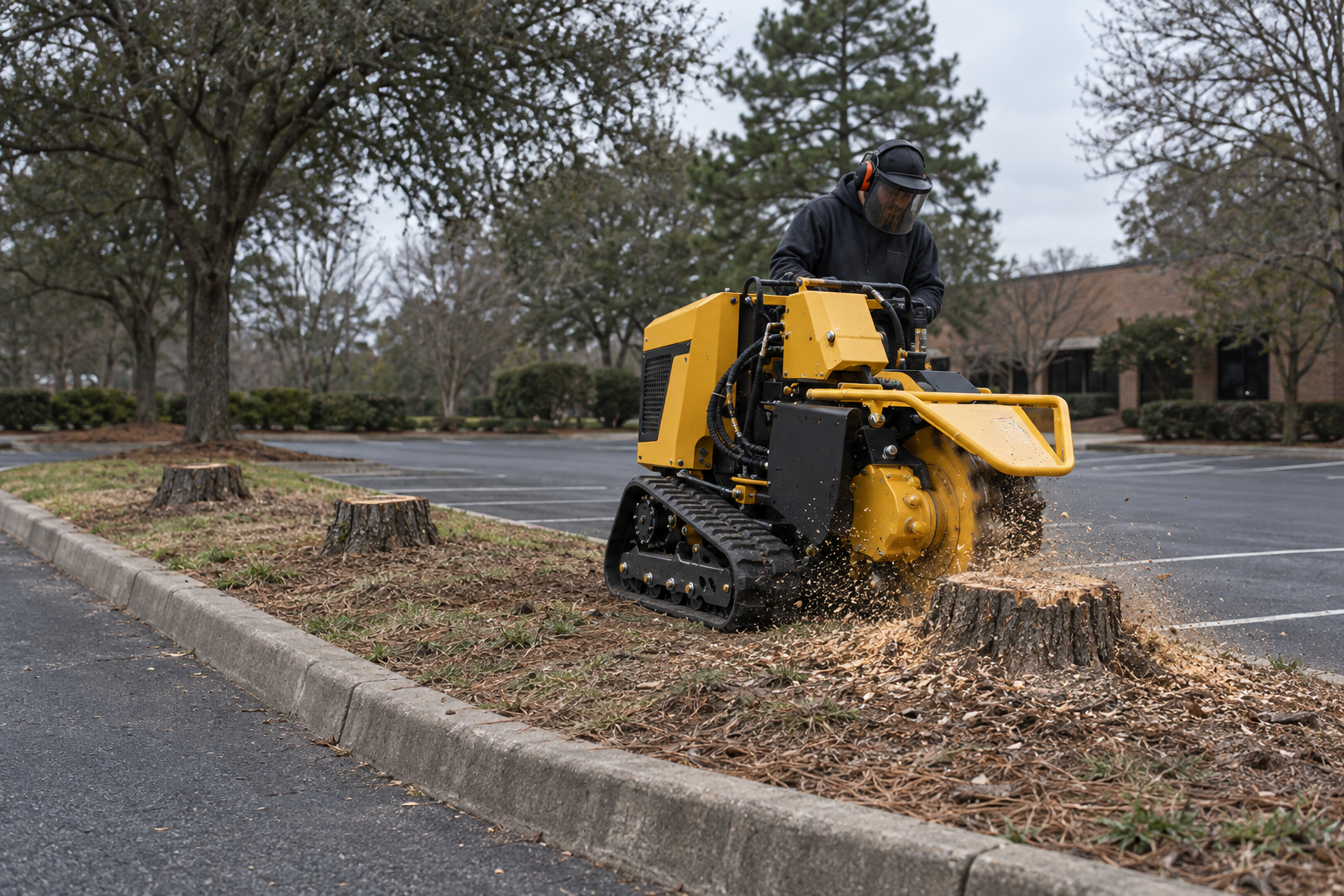 tracked stump grinder beside a parking island on a Lewisville commercial lot