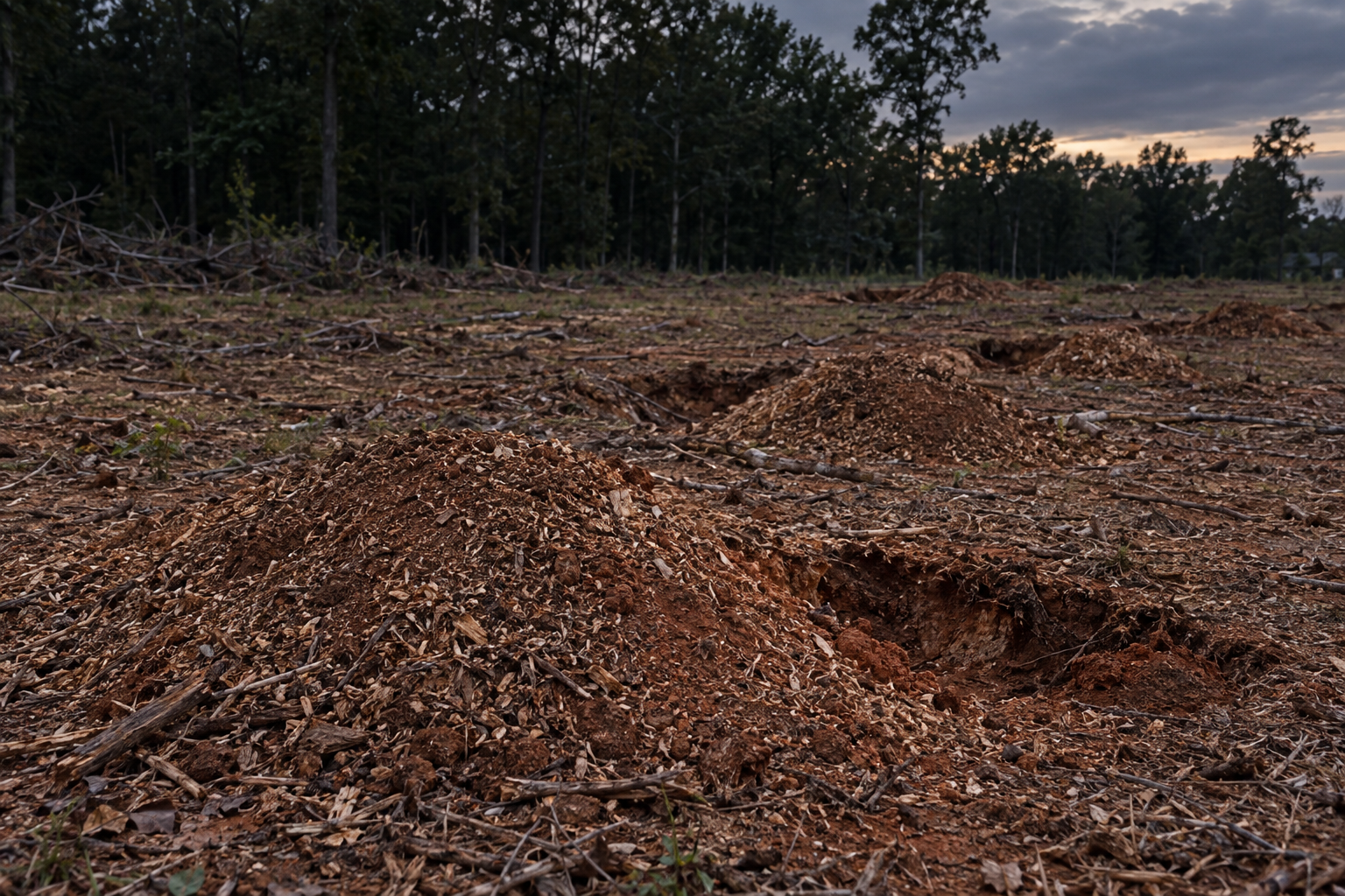 chip spoil beside ground-out holes across a building lot
