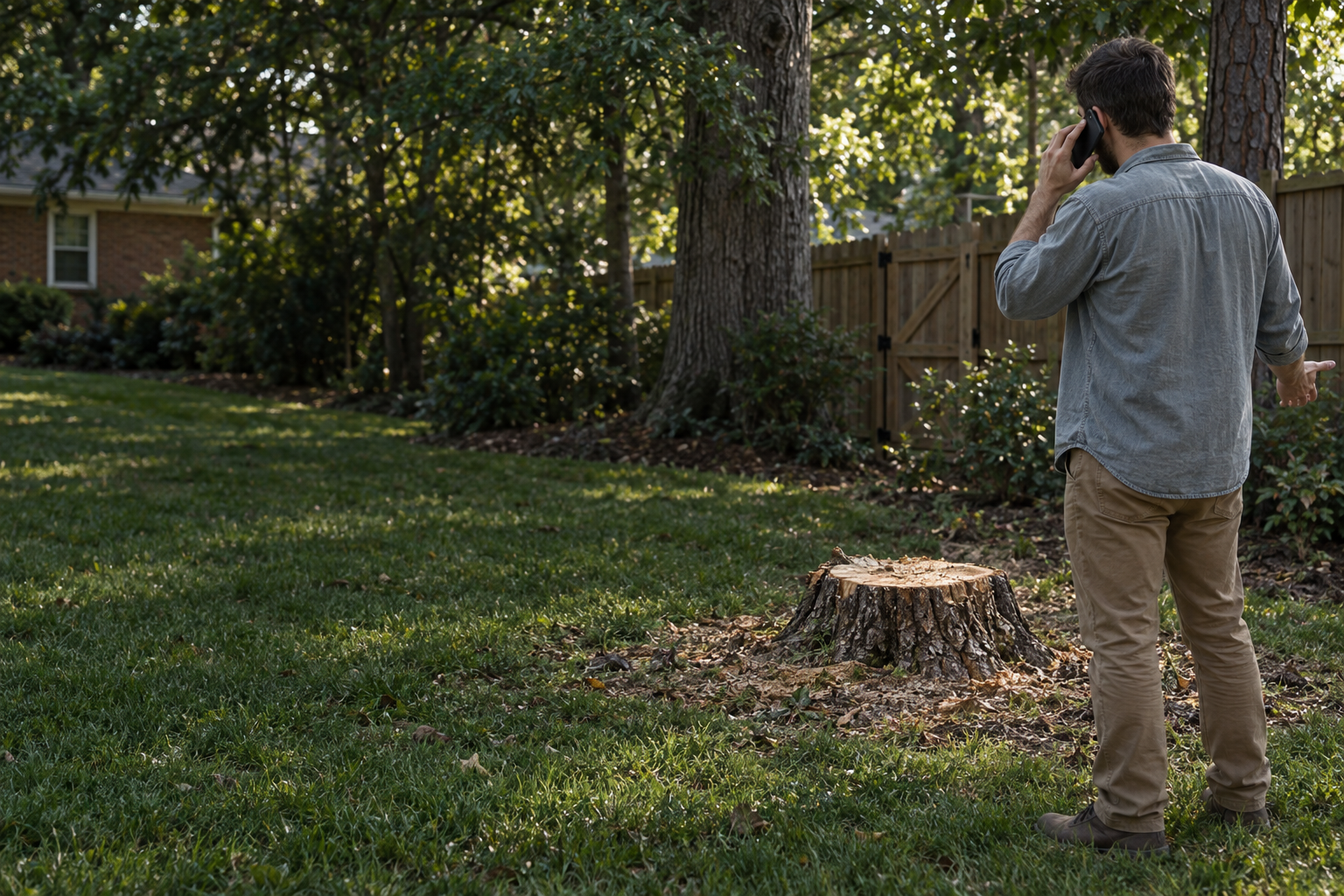 phone call from a Lewisville back yard beside a tree stump