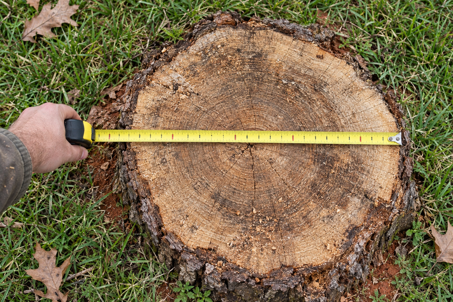 tape measure across the top of a stump at ground level