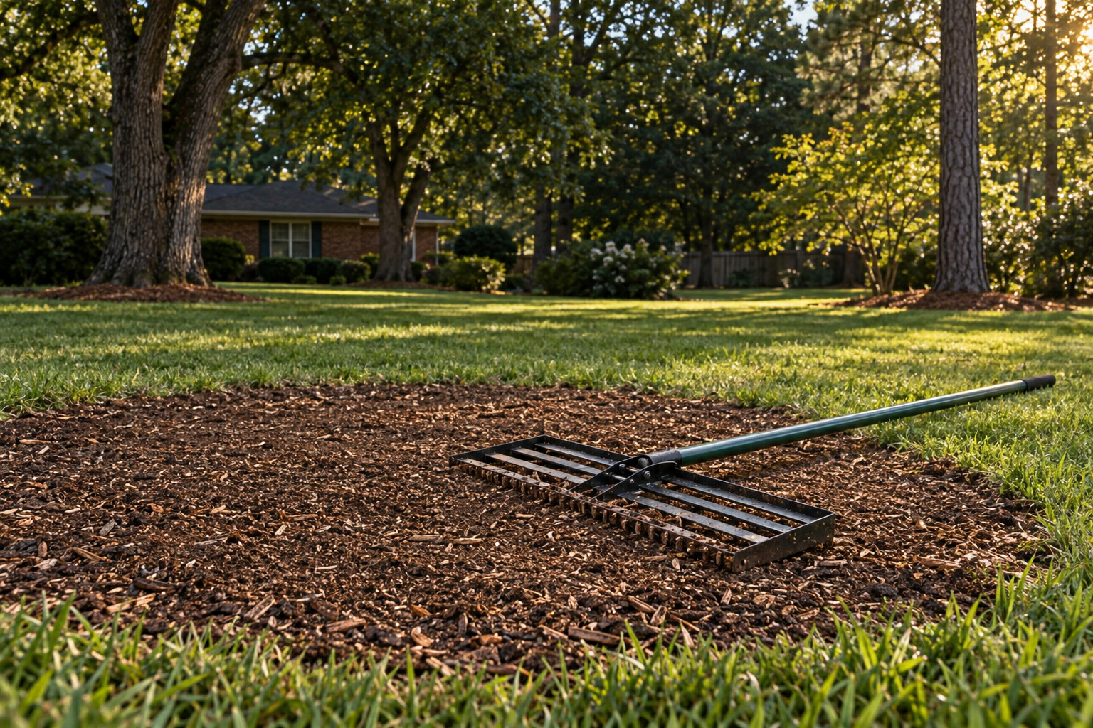 chips raked level where a tree stood in a Bethania yard