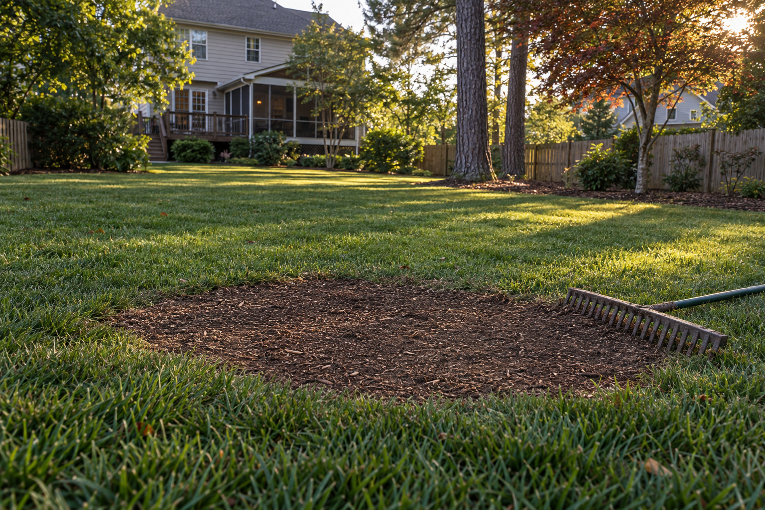 raked level lawn in a Clemmons back yard at evening
