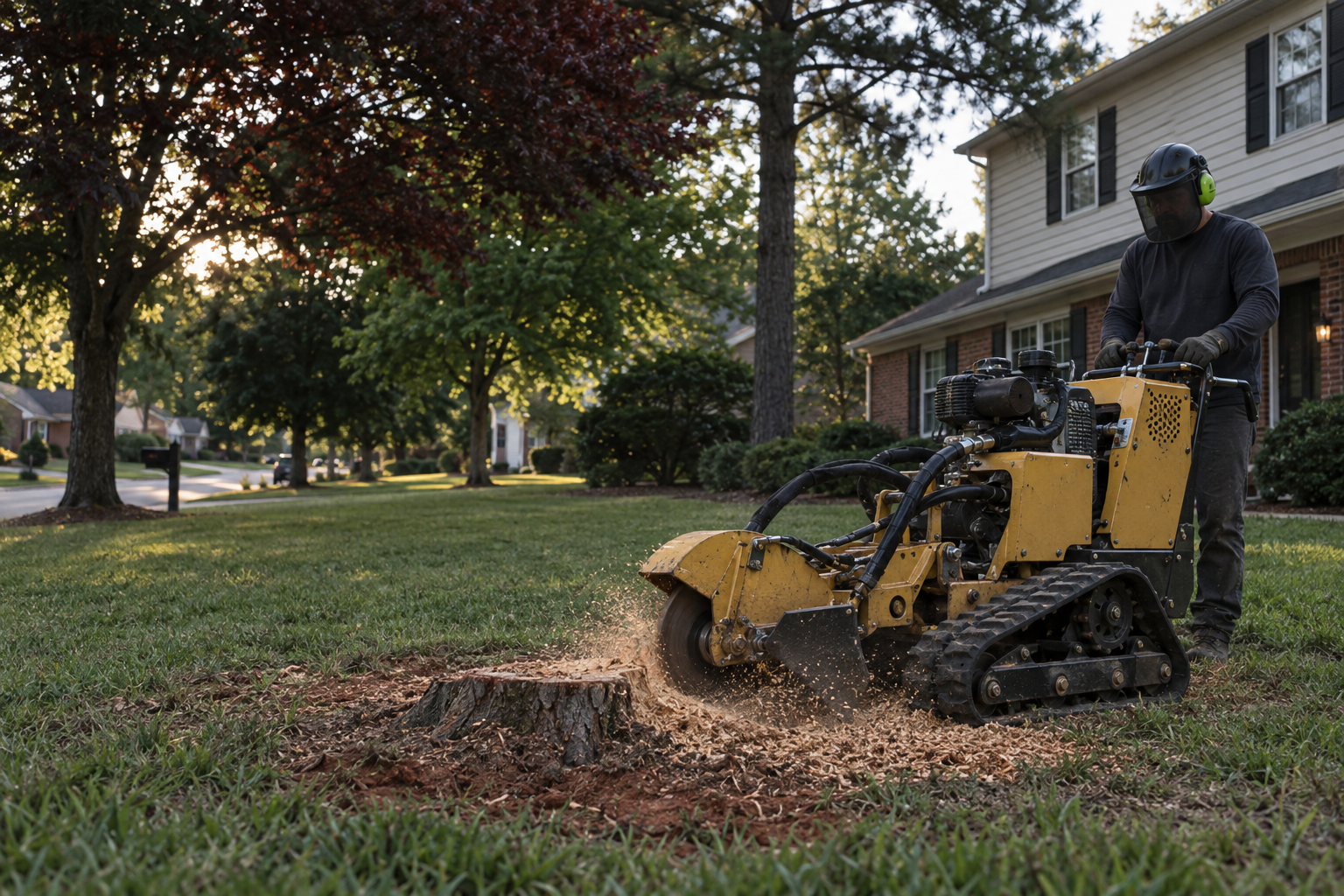 tracked stump grinder at work on a Clemmons front lawn