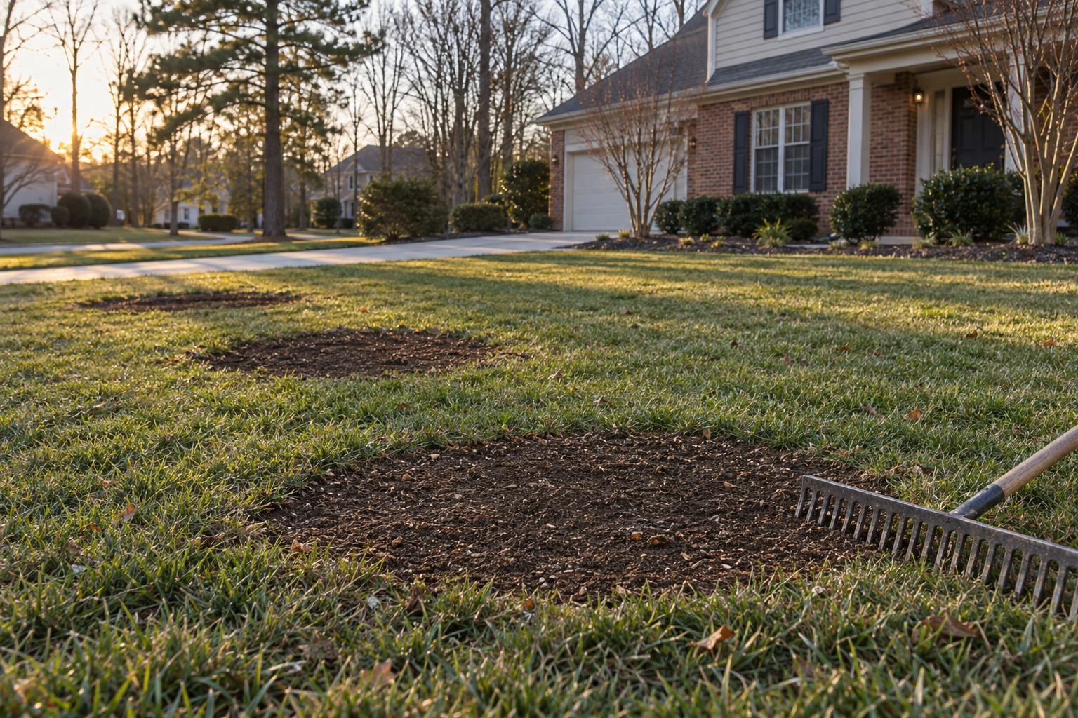 level Kernersville lawn at evening where several trees stood