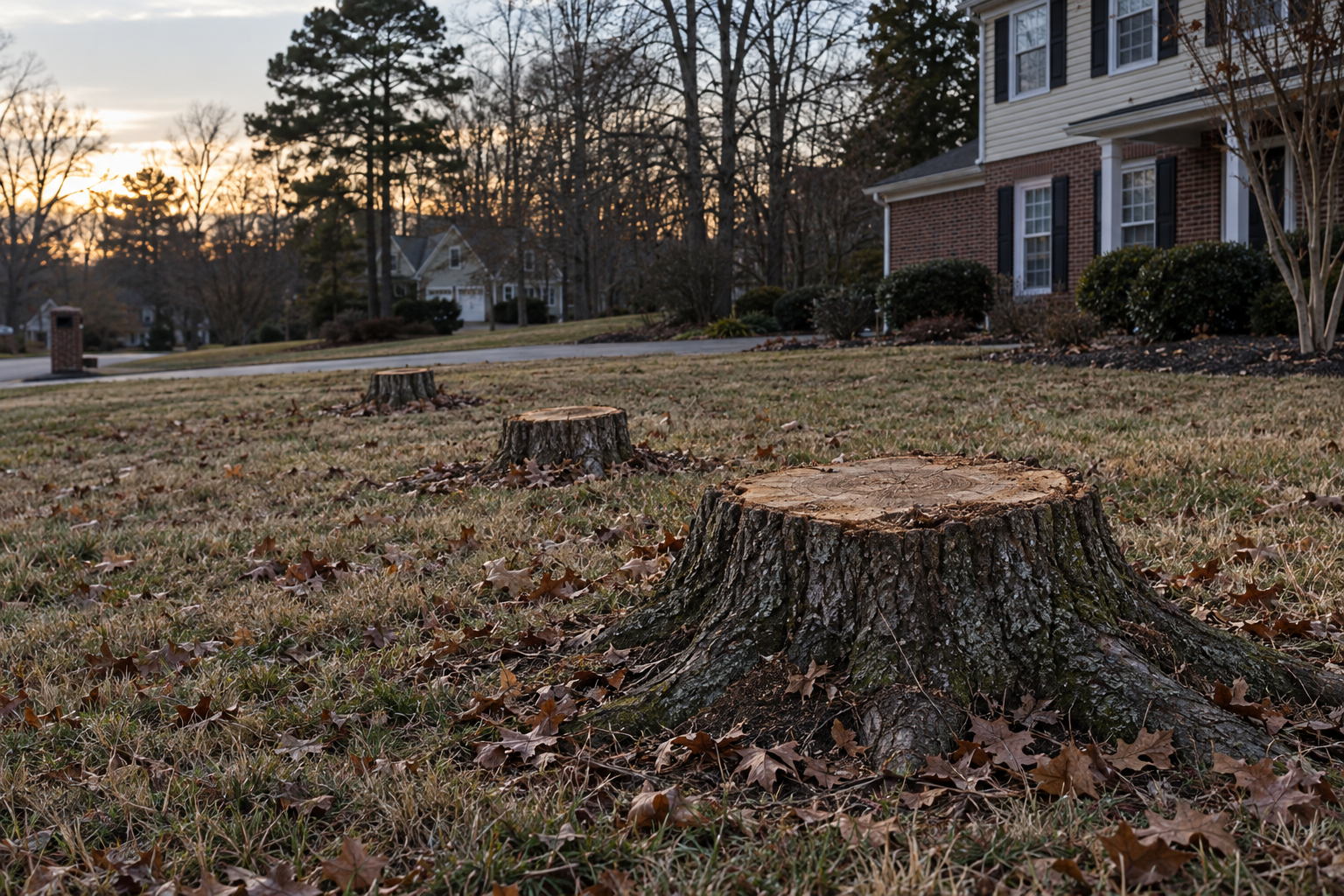 three tree stumps in a row across a Kernersville lawn before grinding
