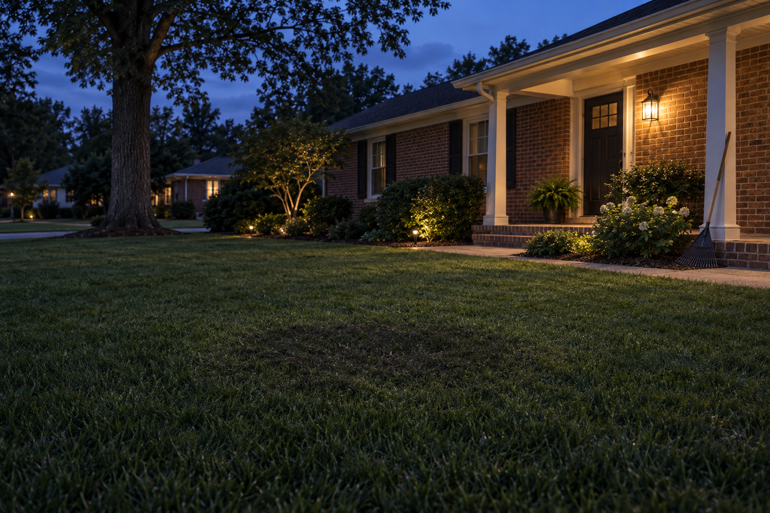 level lawn at dusk in King where an oak once stood
