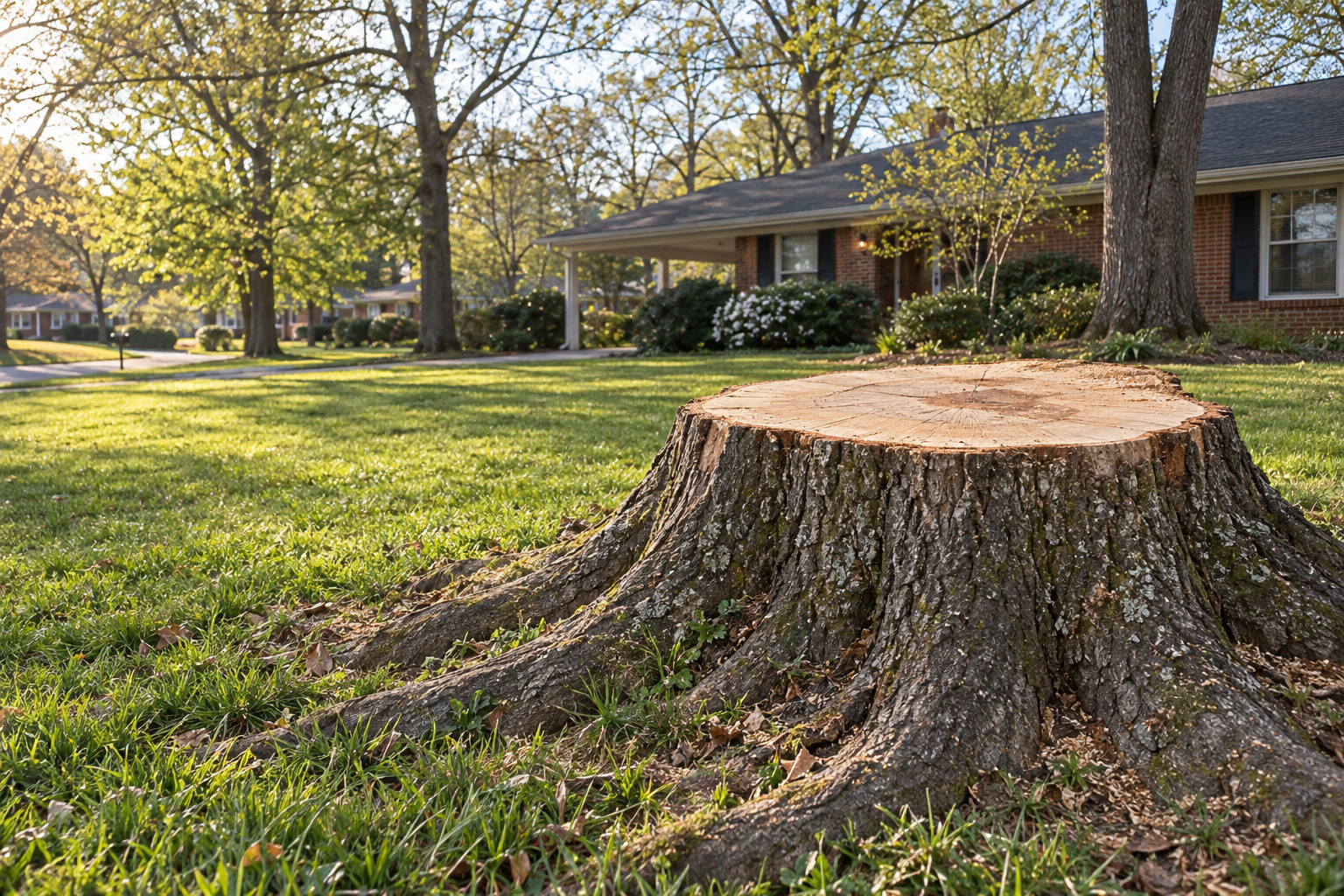 wide oak tree stump in a King lawn before grinding