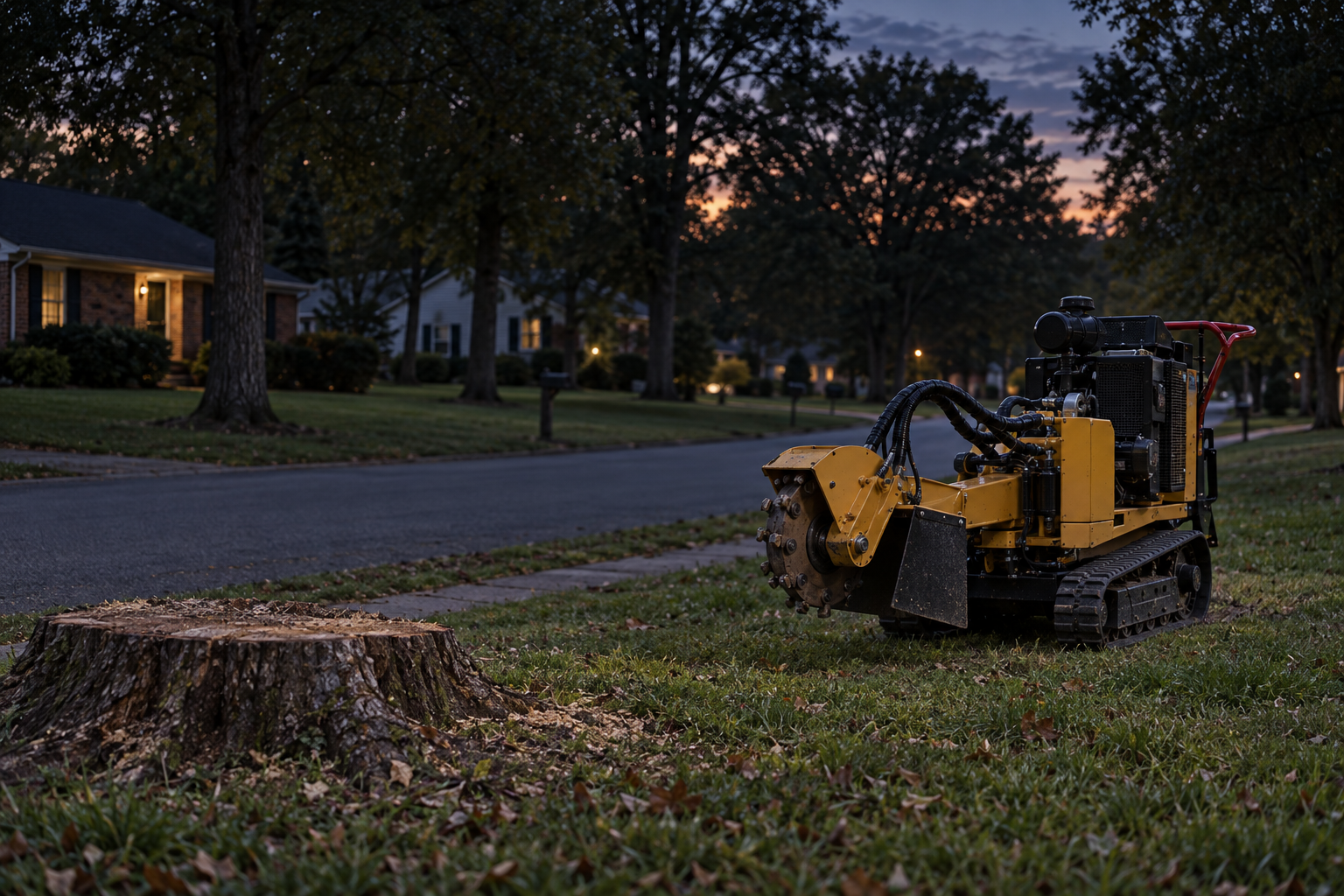 tracked grinder on a King street between houses at dusk