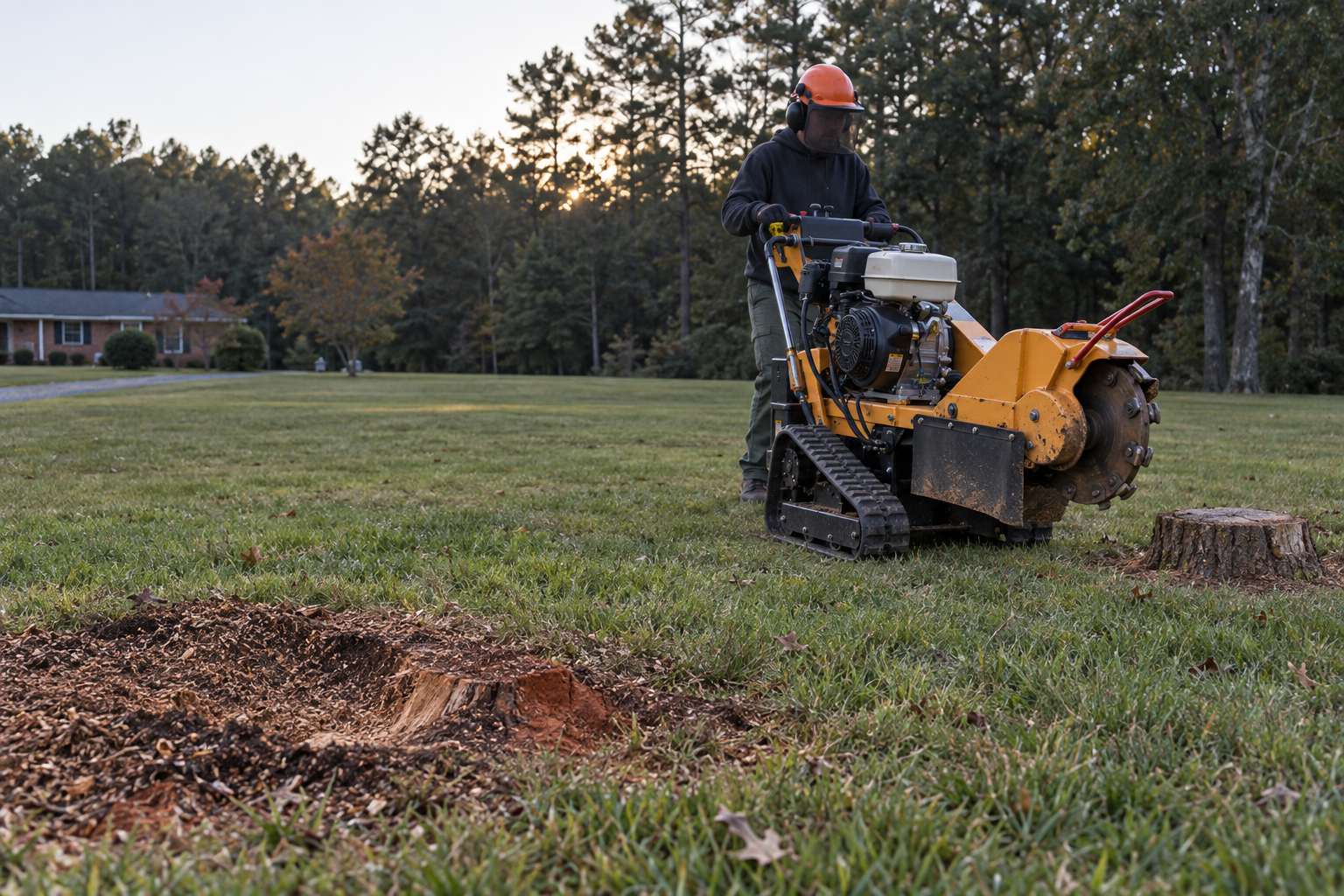 tracked grinder crossing an open Walkertown lawn between two low stumps