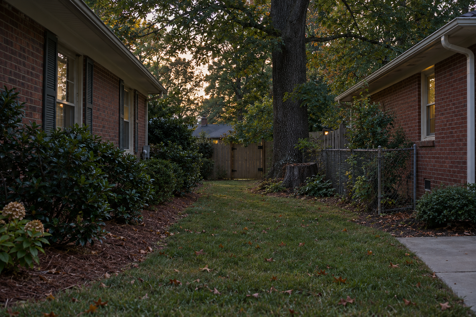 fenced side yard between two brick houses on a Winston-Salem street