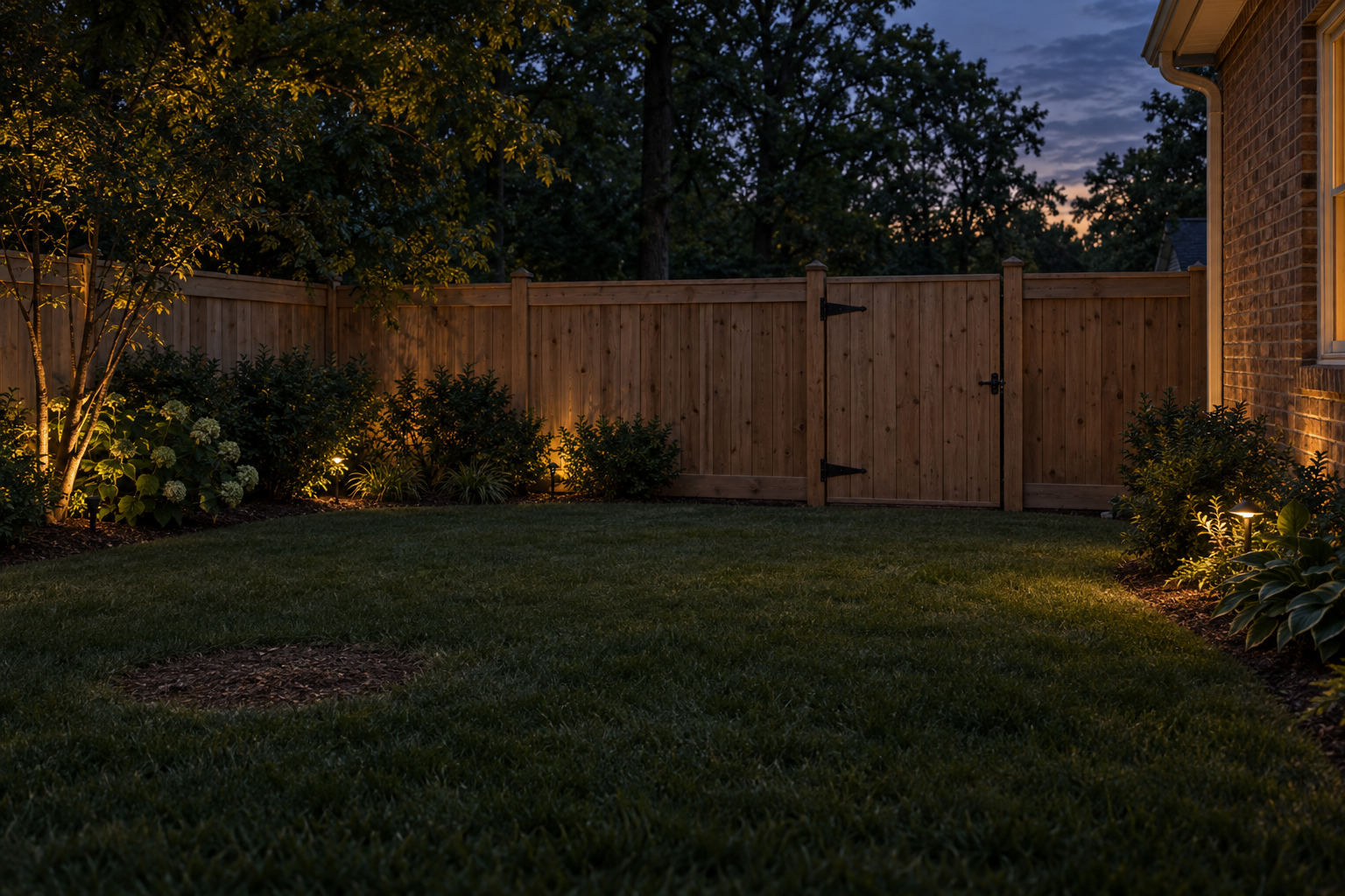 level turf behind a closed wooden gate in a Winston-Salem backyard after the visit
