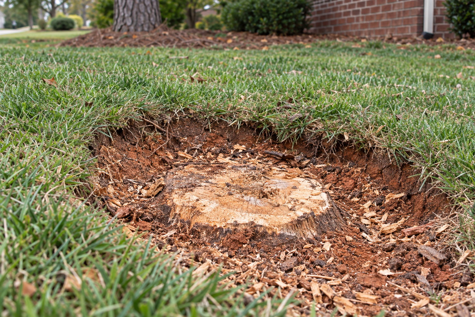 ground stump cut below the level of surrounding turf