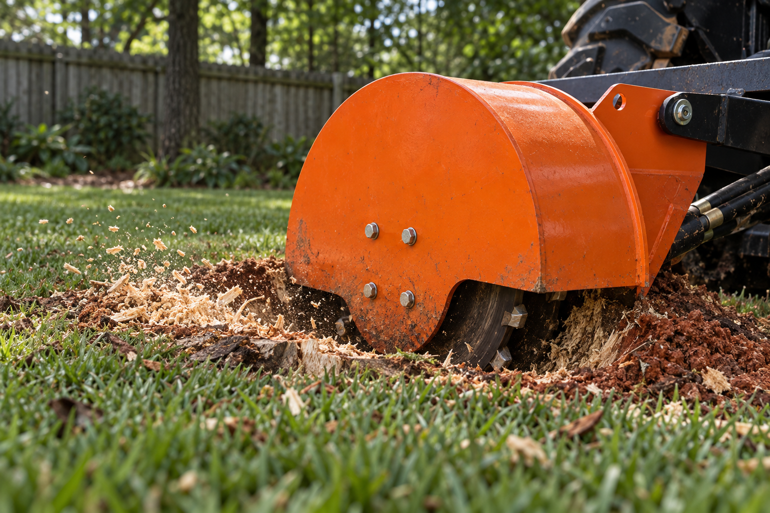 grinder wheel cutting a hardwood stump well below the lawn in a Lewisville yard