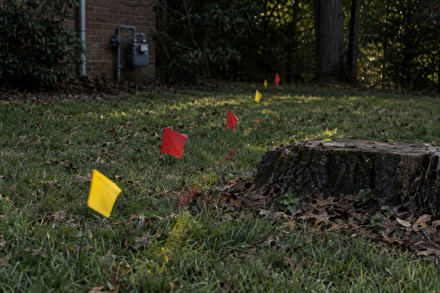 locate flags and paint marks in the grass beside a cut tree base in a Lewisville yard