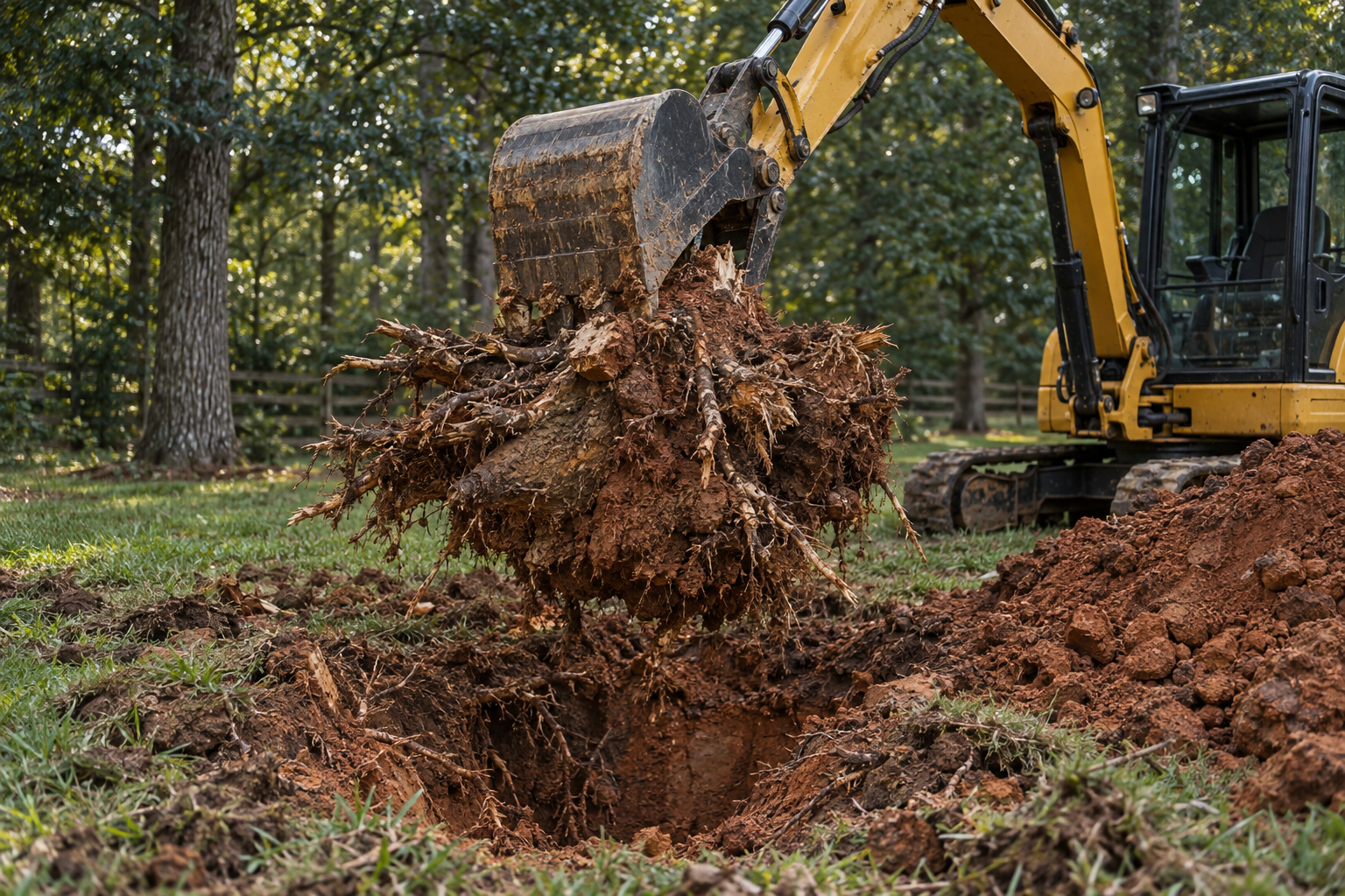 small excavator lifting a tree's whole root ball from an open hole in a Lewisville yard