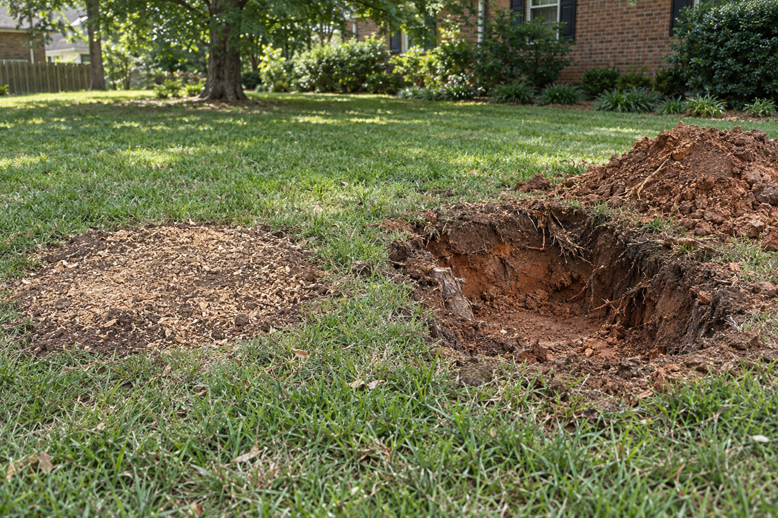ground stump beside an open excavated stump hole
