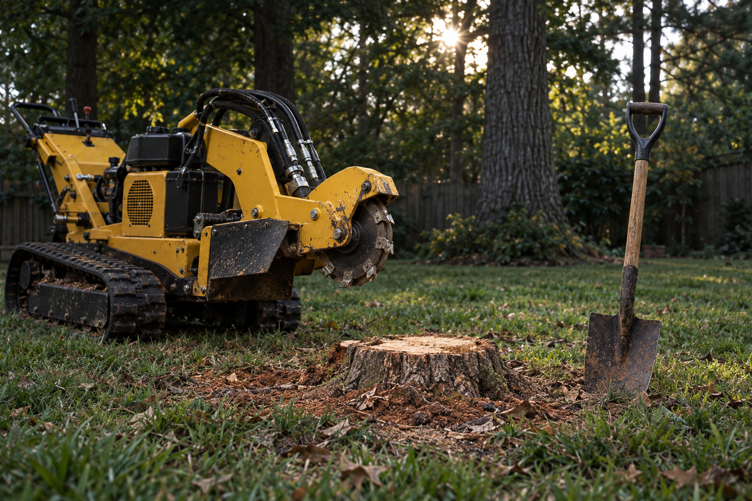 tracked grinder and a shovel beside a low hardwood stump in a Lewisville lawn