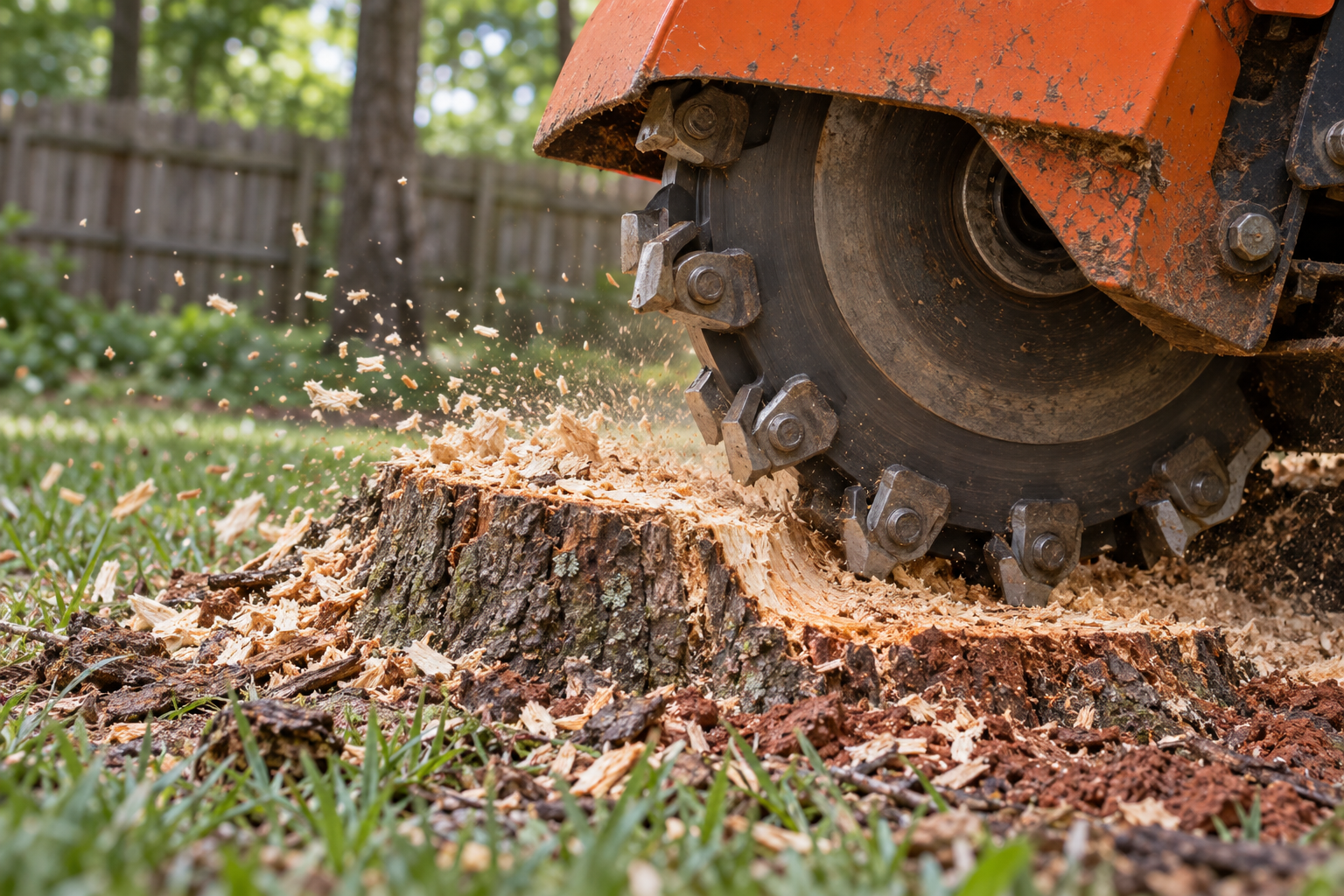carbide cutting wheel on a tree stump in a lawn