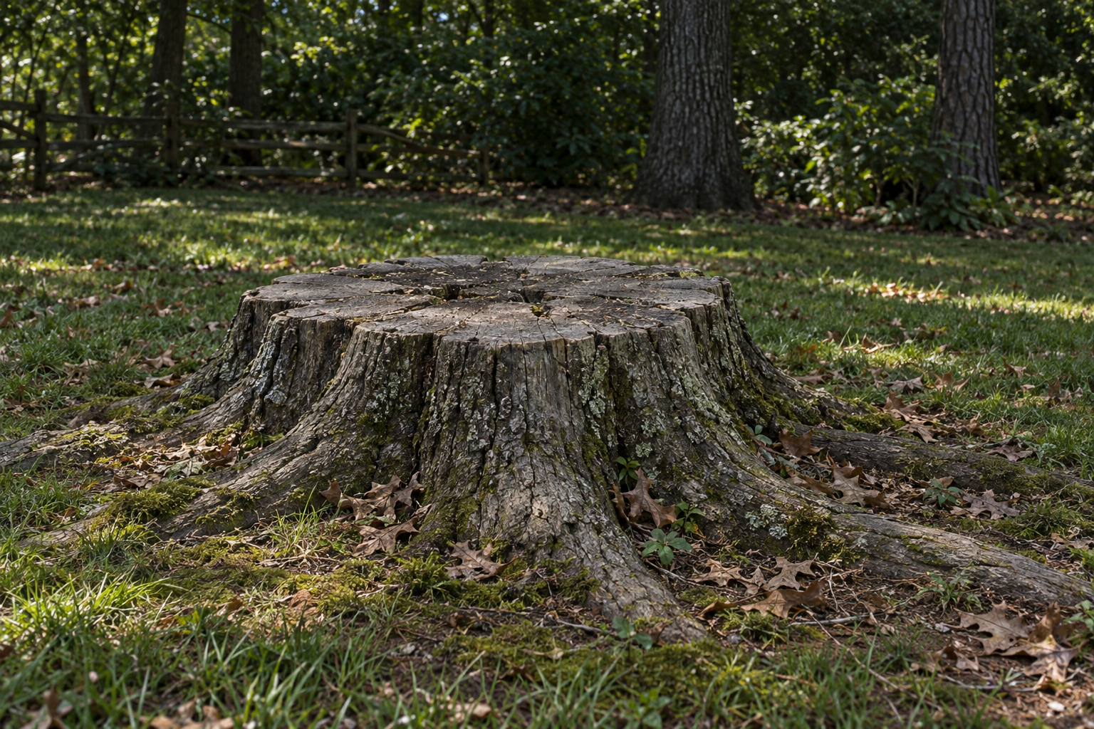 wide hardwood stump with its root flare before grinding
