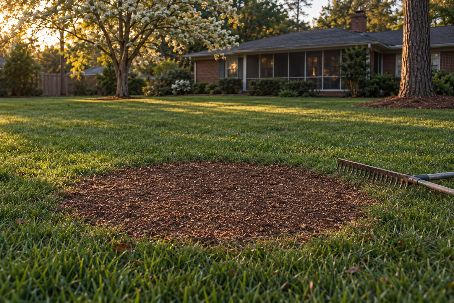 raked level lawn in Lewisville where a tree once stood