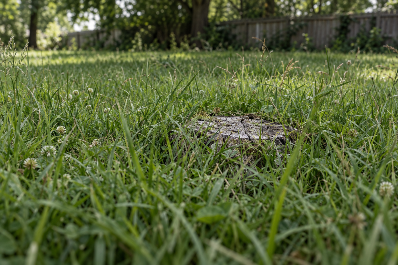 tree stump partly hidden by long grass in a lawn
