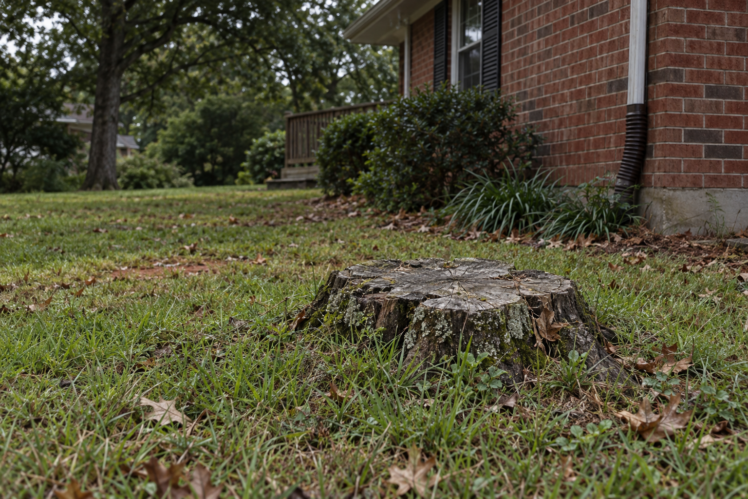old tree stump left standing in a Lewisville lawn beside the house
