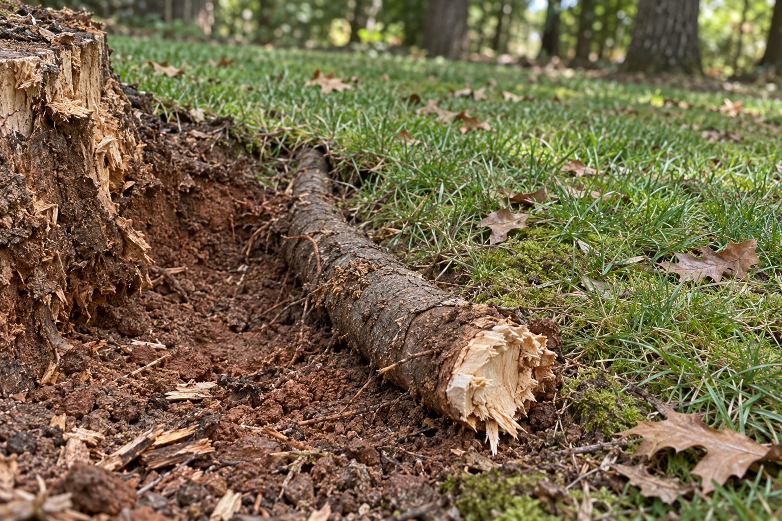 cut tree root running away from a ground stump beneath turf