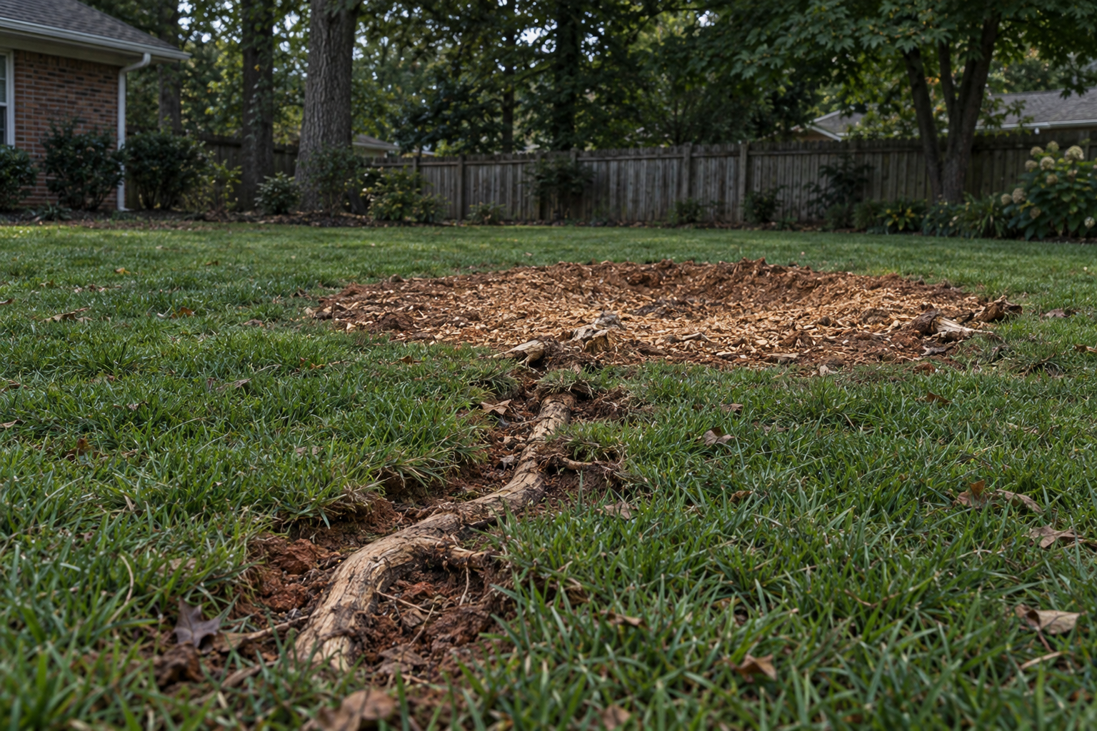 lateral roots showing under the turf of a Lewisville lawn after grinding
