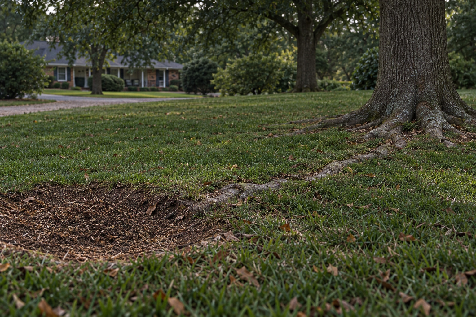 roots of a cut stump running toward a living tree on a Lewisville lawn