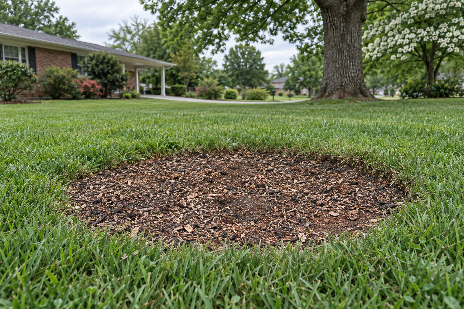 chip-filled hollow in a Lewisville lawn after grinding