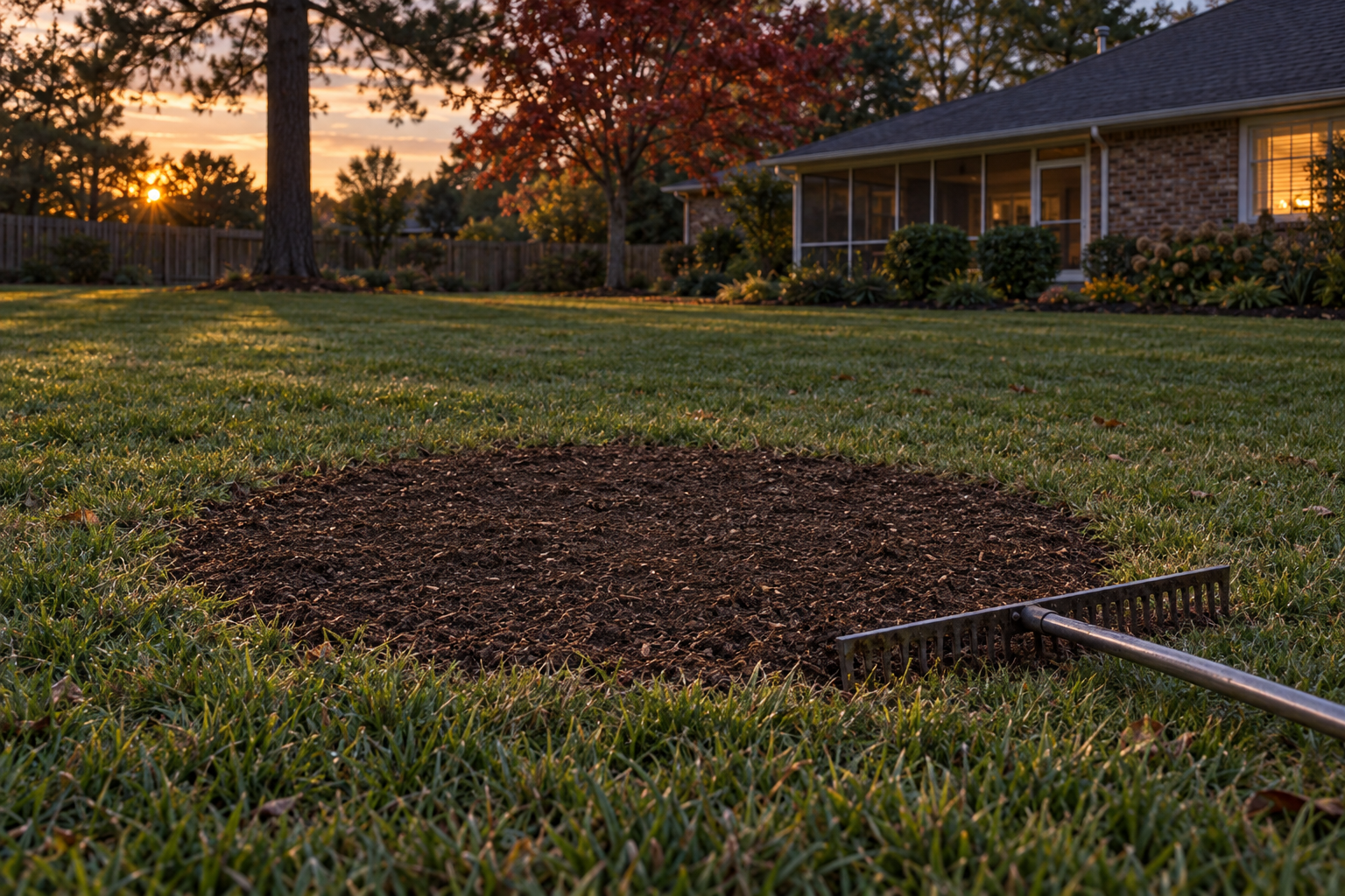level raked lawn in a Lewisville yard at evening