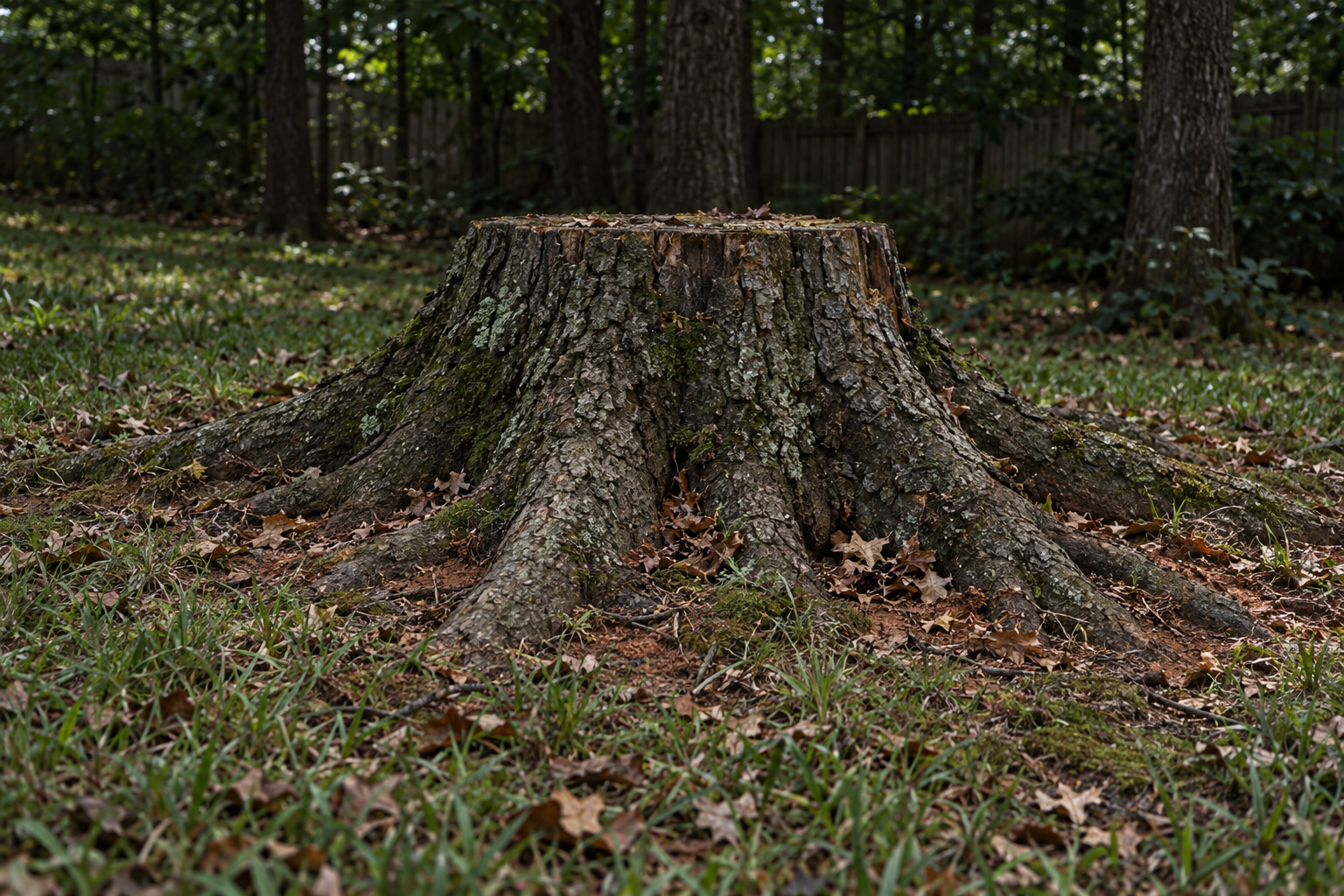 root flare of a hardwood stump spreading into the turf