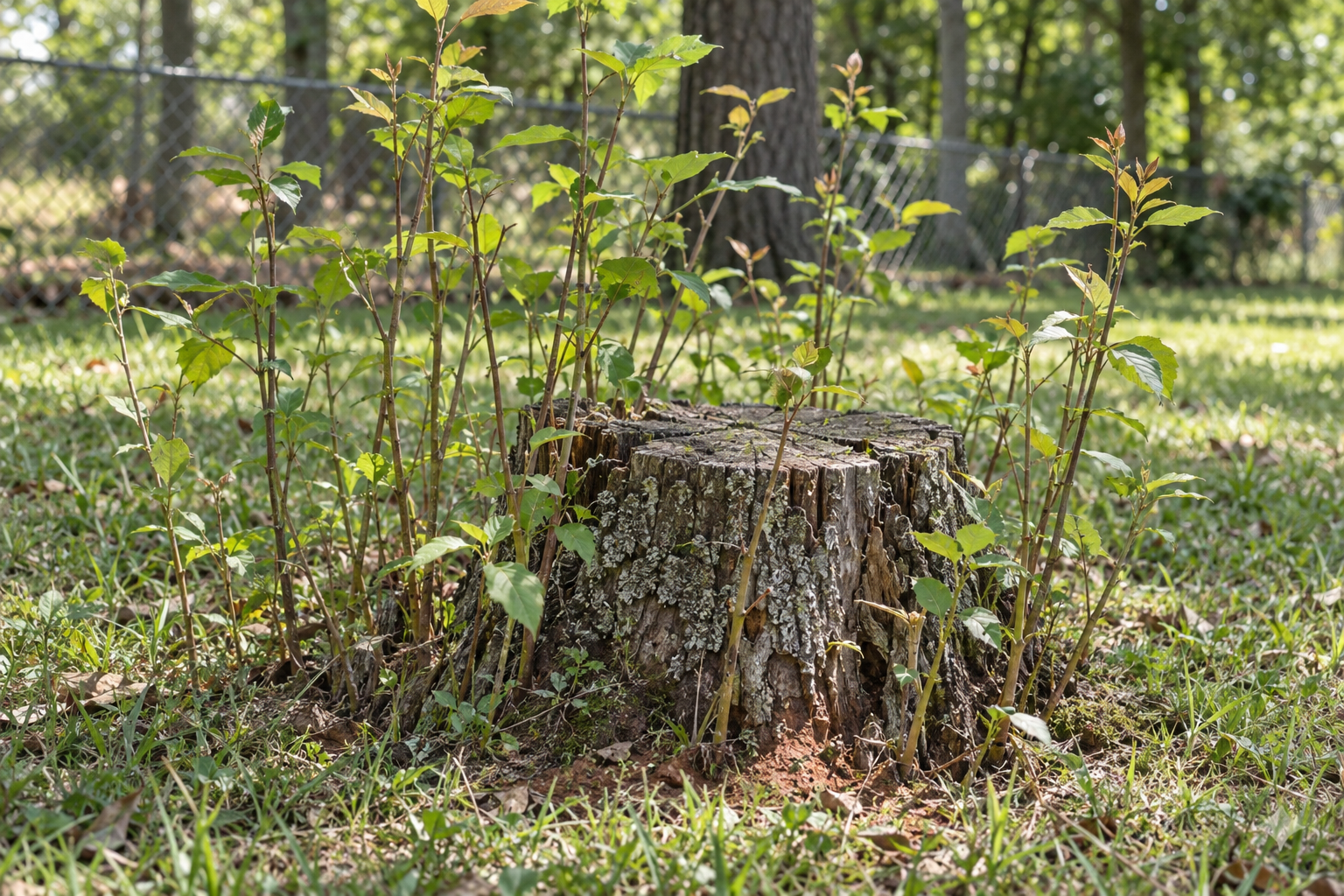 thin shoots rising from turf around an old tree stump