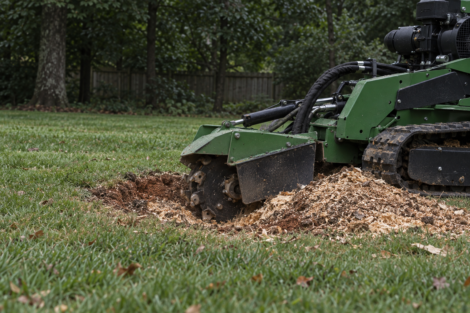 tracked stump grinder with its wheel sunk deep below the lawn in a Lewisville yard