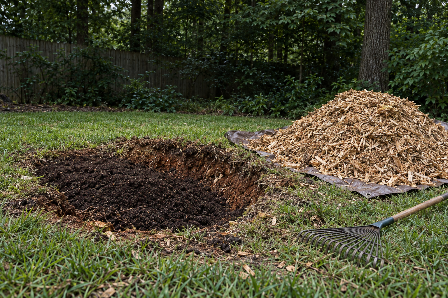 hole in a Lewisville lawn half filled with fresh fill beside a pile of wood chips