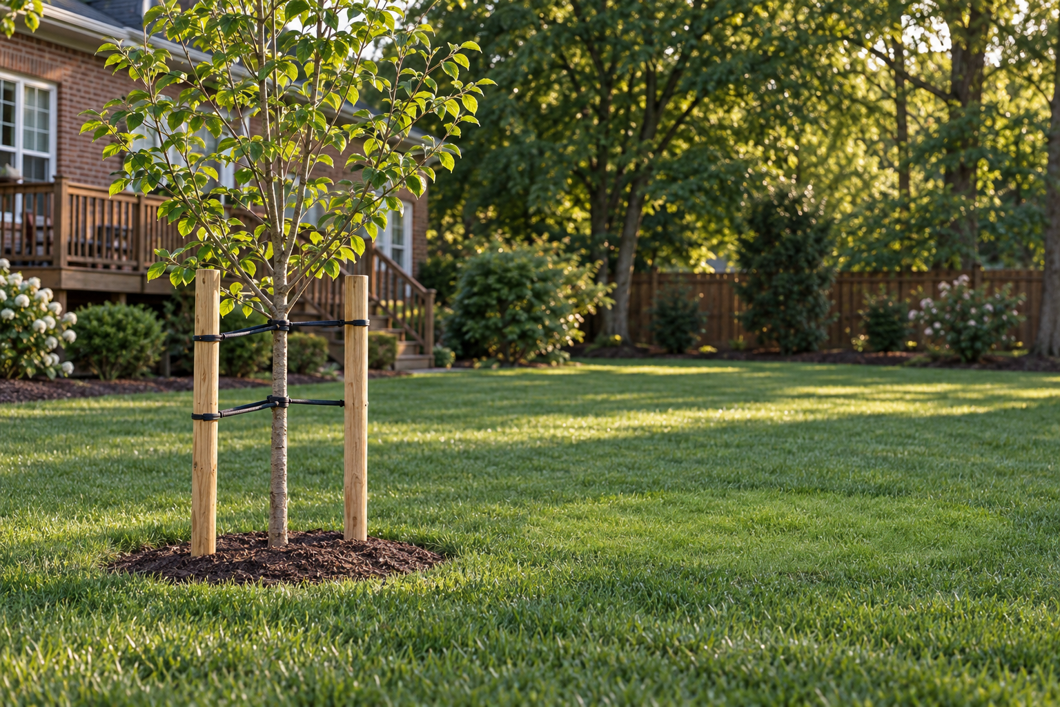 staked young tree in a Lewisville lawn a few feet from where the old one stood