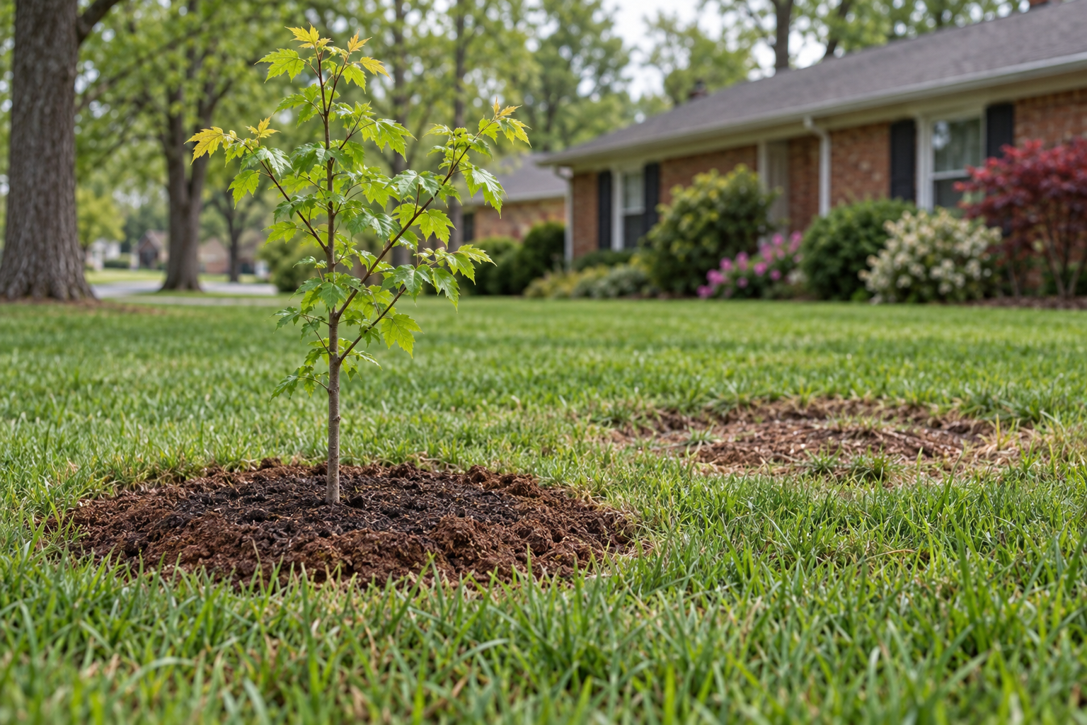 young tree set into cleared fill where a stump was ground