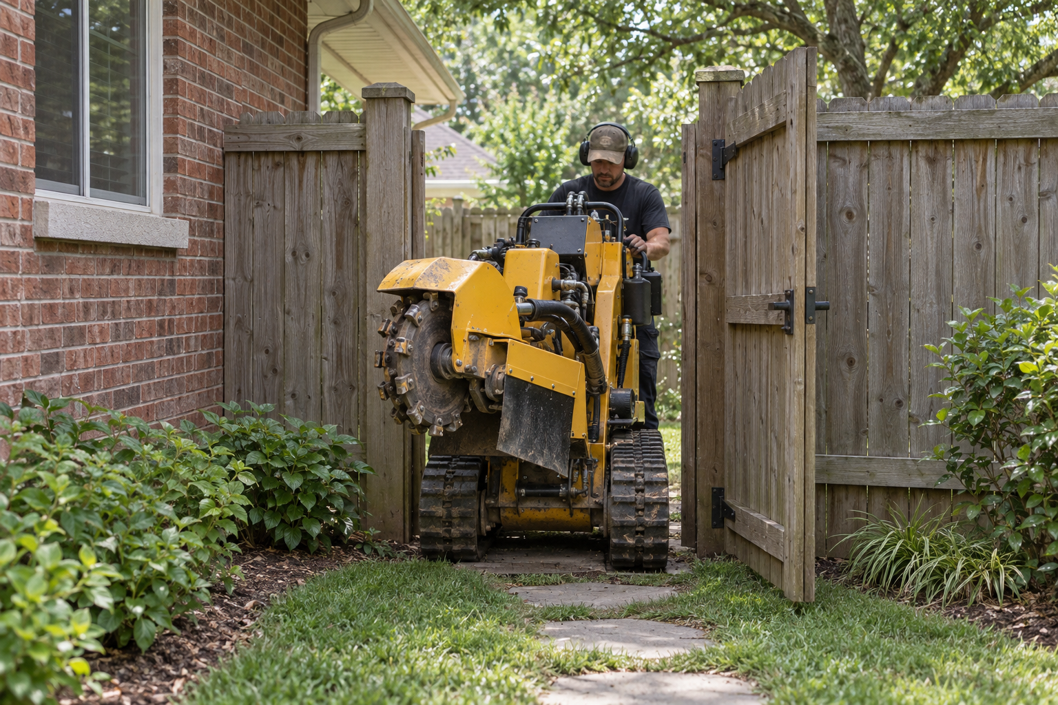 compact tracked stump grinder passing through a garden gate