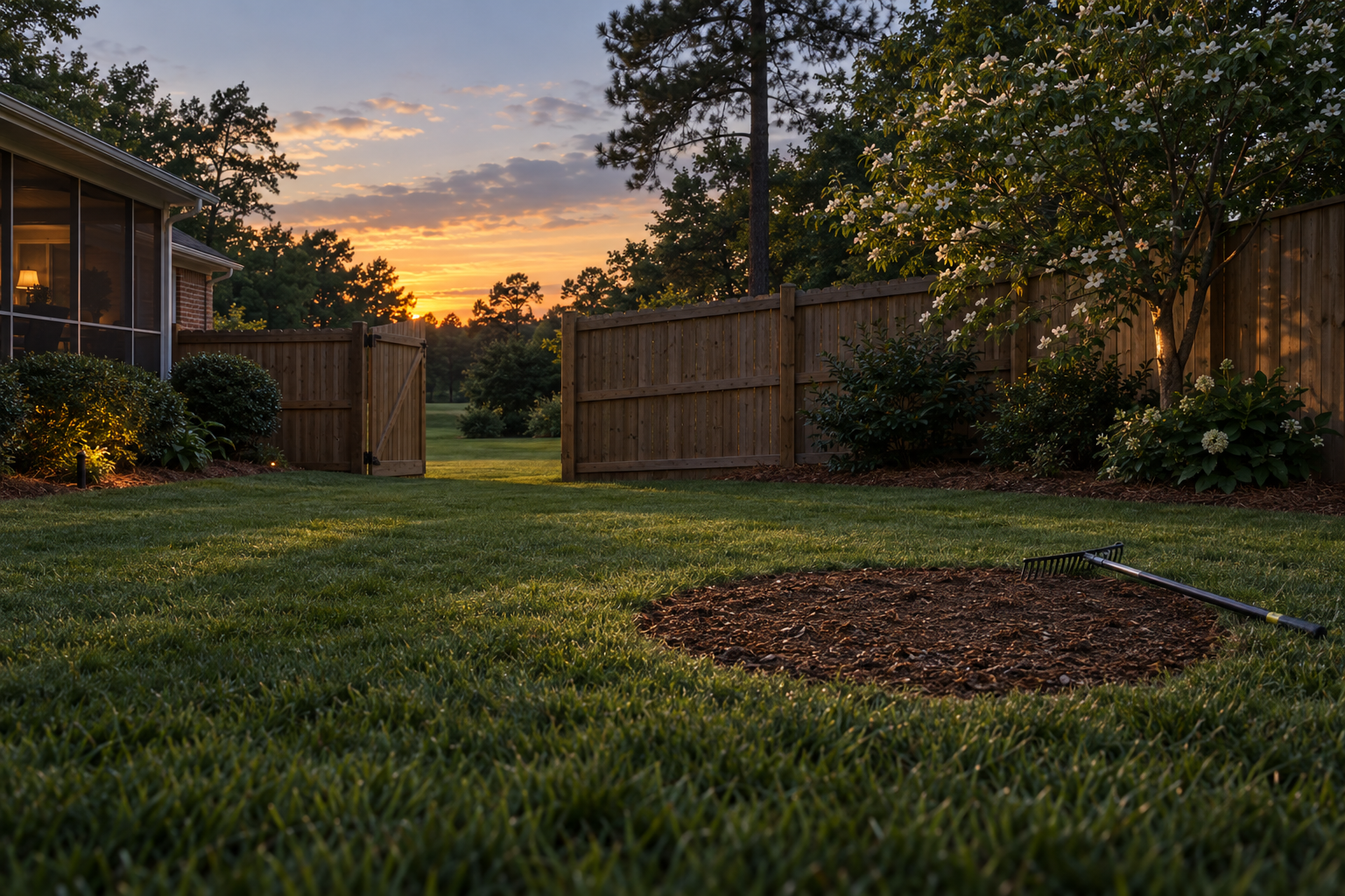 raked level lawn inside a fenced Lewisville backyard after the visit