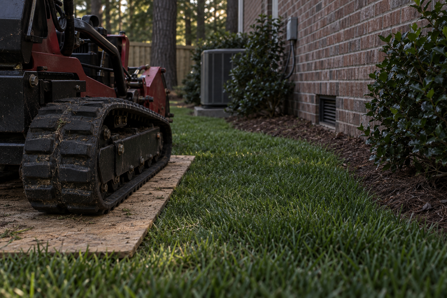 rubber tracks of a compact machine on a lawn close to a house foundation